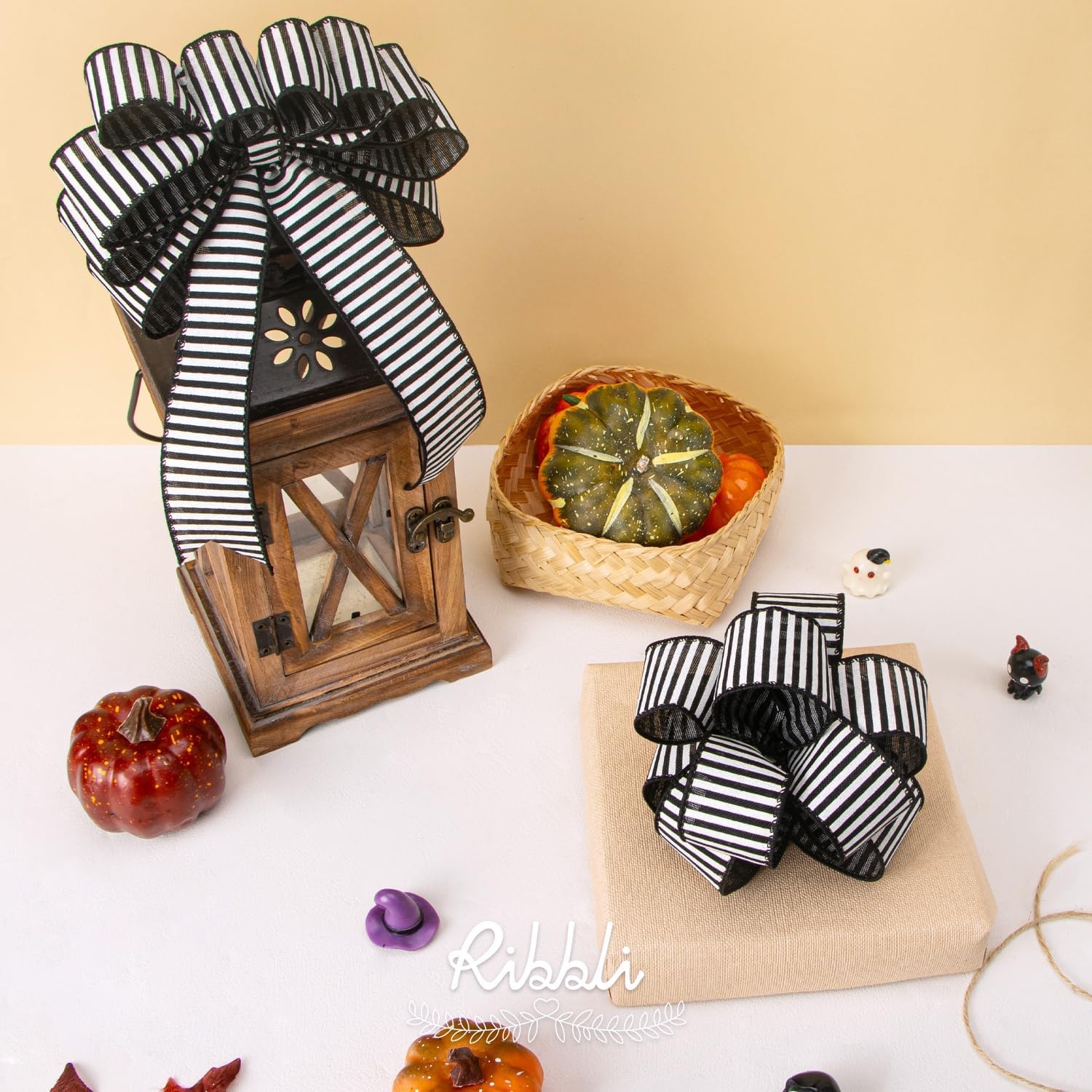 Ribbli Black and White Stripe Wired Ribbon, 1-1/2 Inch x 10 Yard, Narrow Striped Burlap Ribbon for Craft, Wreath,Christmas Tree Decoration, Outdoor Decoration(Black/White)