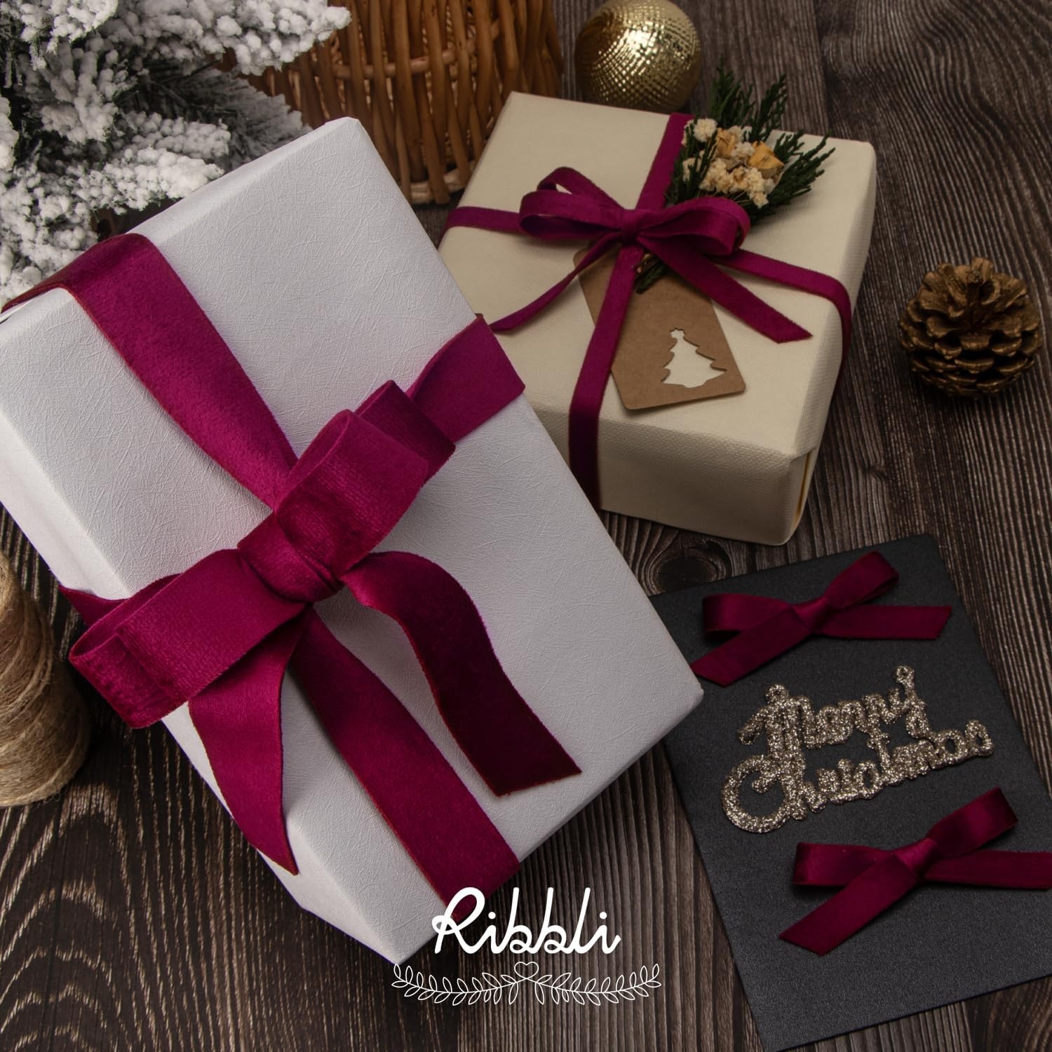 Ribbli Light Dusty Blue Velvet Ribbon Double Faced 1 Inch 10-Yard Spool Light Dusty Blue Ribbon Use for Christmas Tree Ornaments Gift Wrapping Wreath Decoration Wedding Boutonnieres(Burgundy)