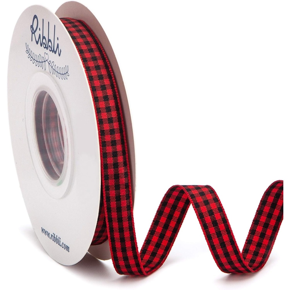 Ribbli Black and White Gingham Ribbon,3/8 Inches x Continuous 25 Yards,100% Polyester Woven Edge,Plaid Ribbon,Check Ribbon,Buffalo Checked (Black 1)(Red/Black)