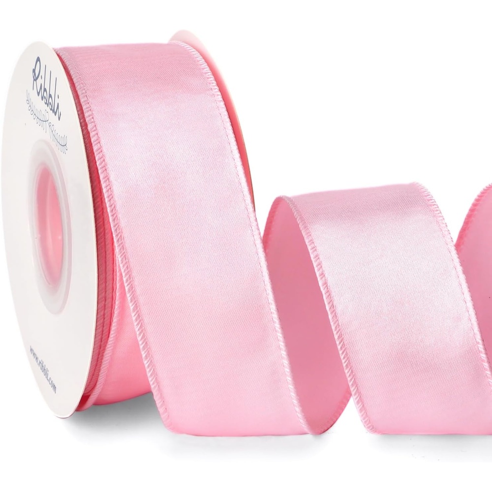 Ribbli Black Satin Wired Ribbon 2.5 Inch Black Christmas Ribbon for Gift Wrapping Wreaths Garland Tree Decoration Crafts Home Decor-Continous 20 Yards(Light Pink)