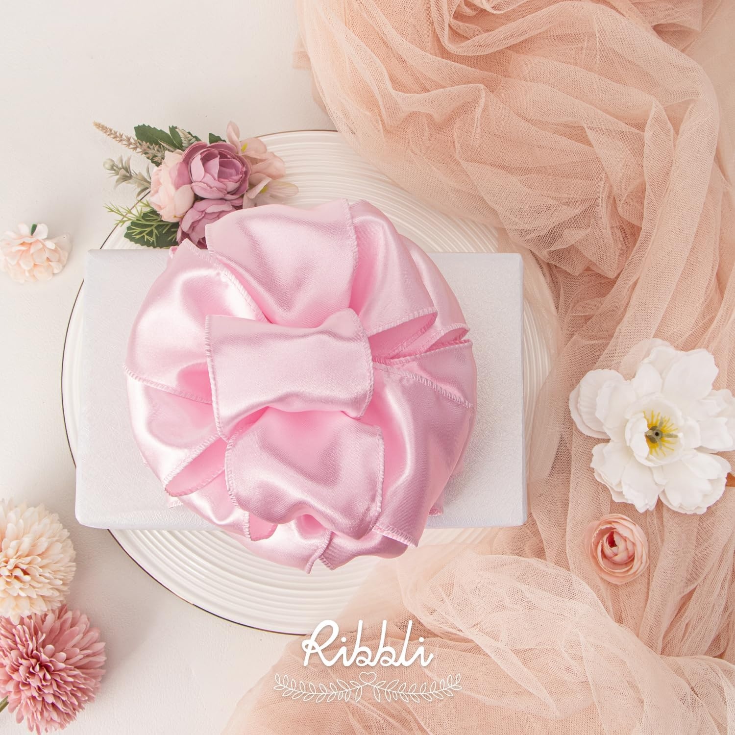 Ribbli Black Satin Wired Ribbon 2.5 Inch Black Christmas Ribbon for Gift Wrapping Wreaths Garland Tree Decoration Crafts Home Decor-Continous 20 Yards(Light Pink)