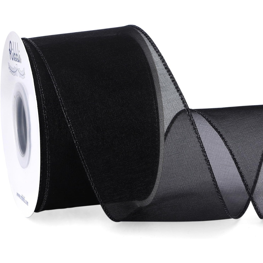 Ribbli Black Organza Wired Ribbon, Black Sheer with Metallic Edge,2-1/2 Inch x 20 Yards Christmas Tree Ribbon for Decoration Gift Wrapping Wedding Crafts(Black)