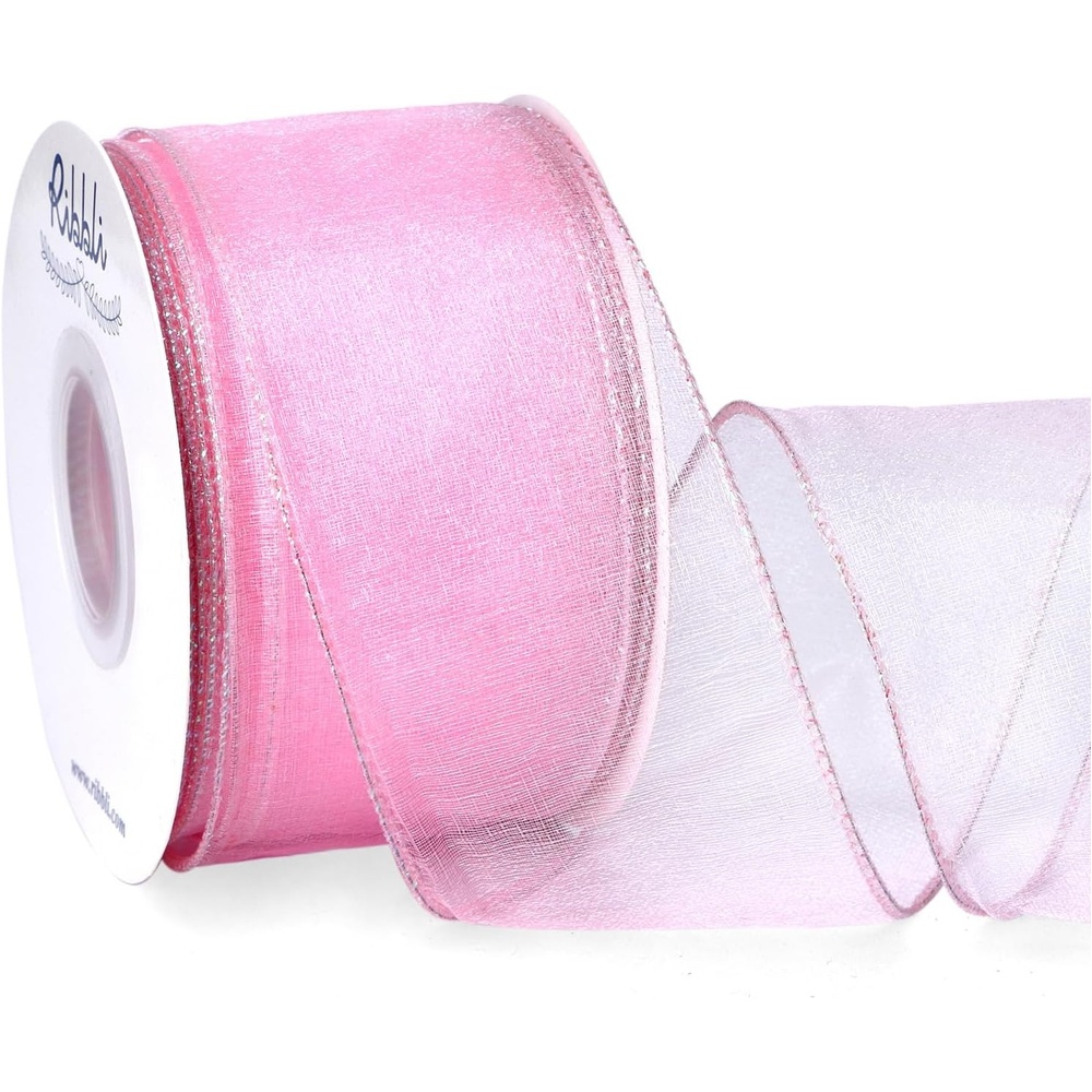 Ribbli Pink Organza Wired Ribbon, Pink Sheer with Metallic Edge,2-1/2 Inch x 20 Yards Christmas Tree Ribbon for Decoration Gift Wrapping Wedding Crafts(Pink)