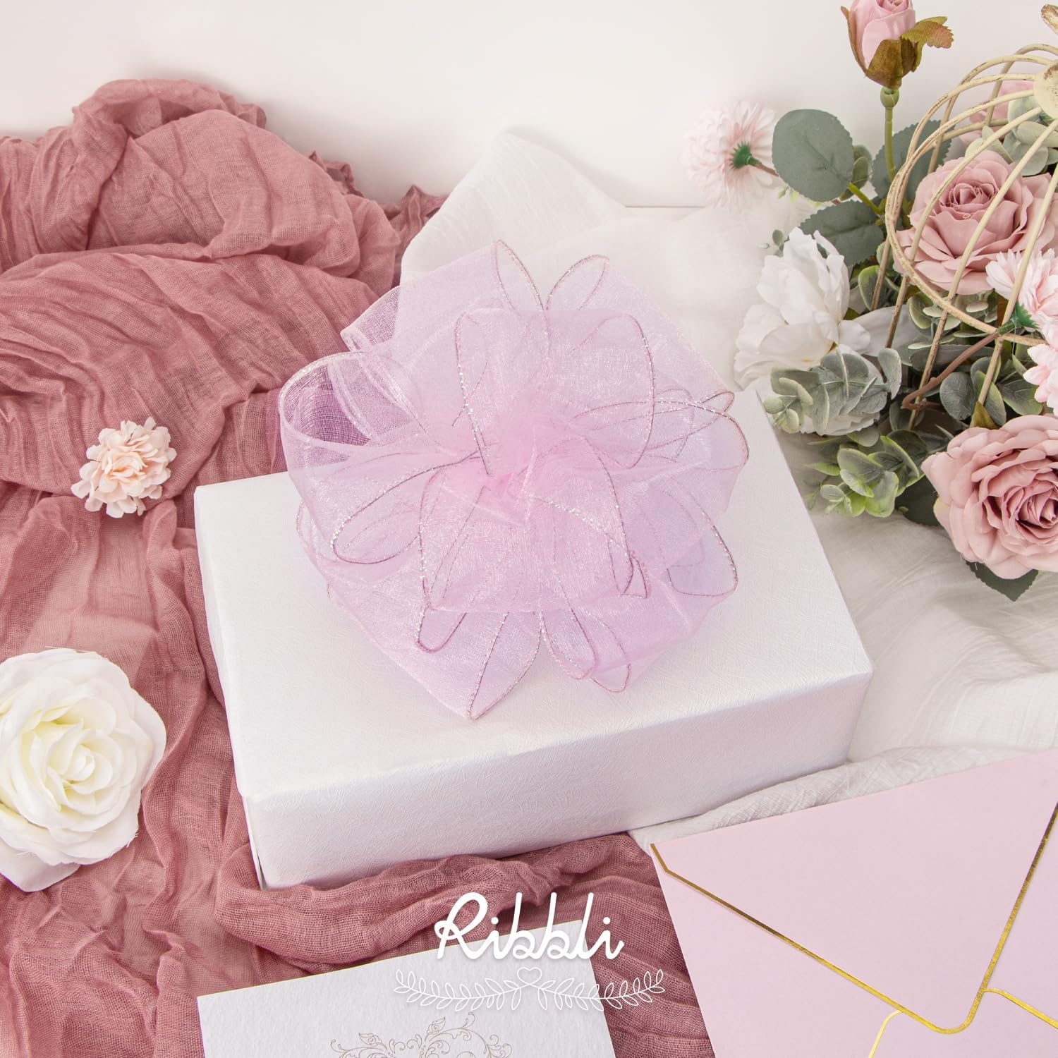Ribbli Pink Organza Wired Ribbon, Pink Sheer with Metallic Edge,2-1/2 Inch x 20 Yards Christmas Tree Ribbon for Decoration Gift Wrapping Wedding Crafts(Pink)