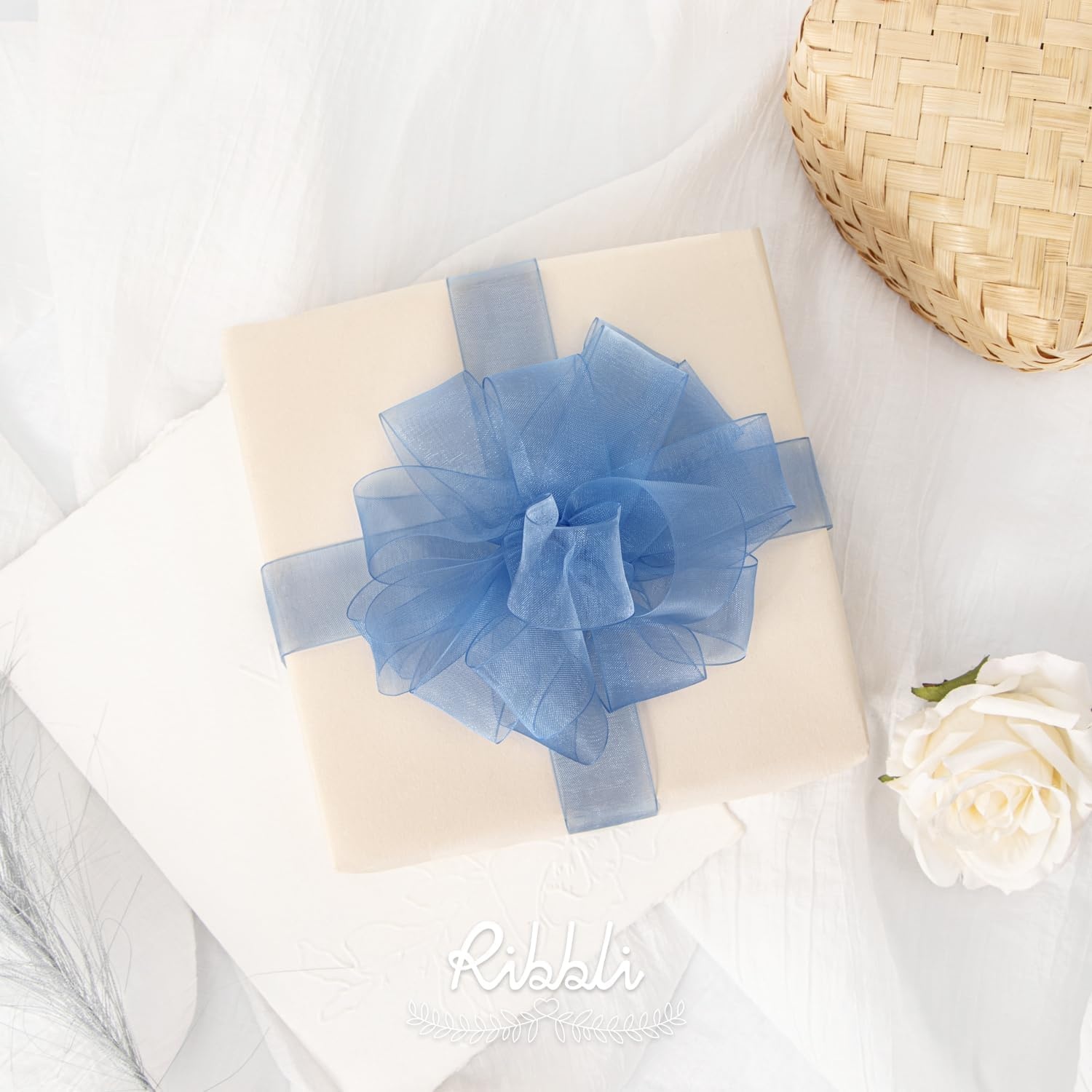 Ribbli Champagne Organza Ribbon,1/2 Inches x Continuous 50 Yard, Champagne Sheer Ribbon for Gift Wrapping,Cookie Wrapping,Wedding Decoration,All Crafting and Sewing(Dusty Blue)