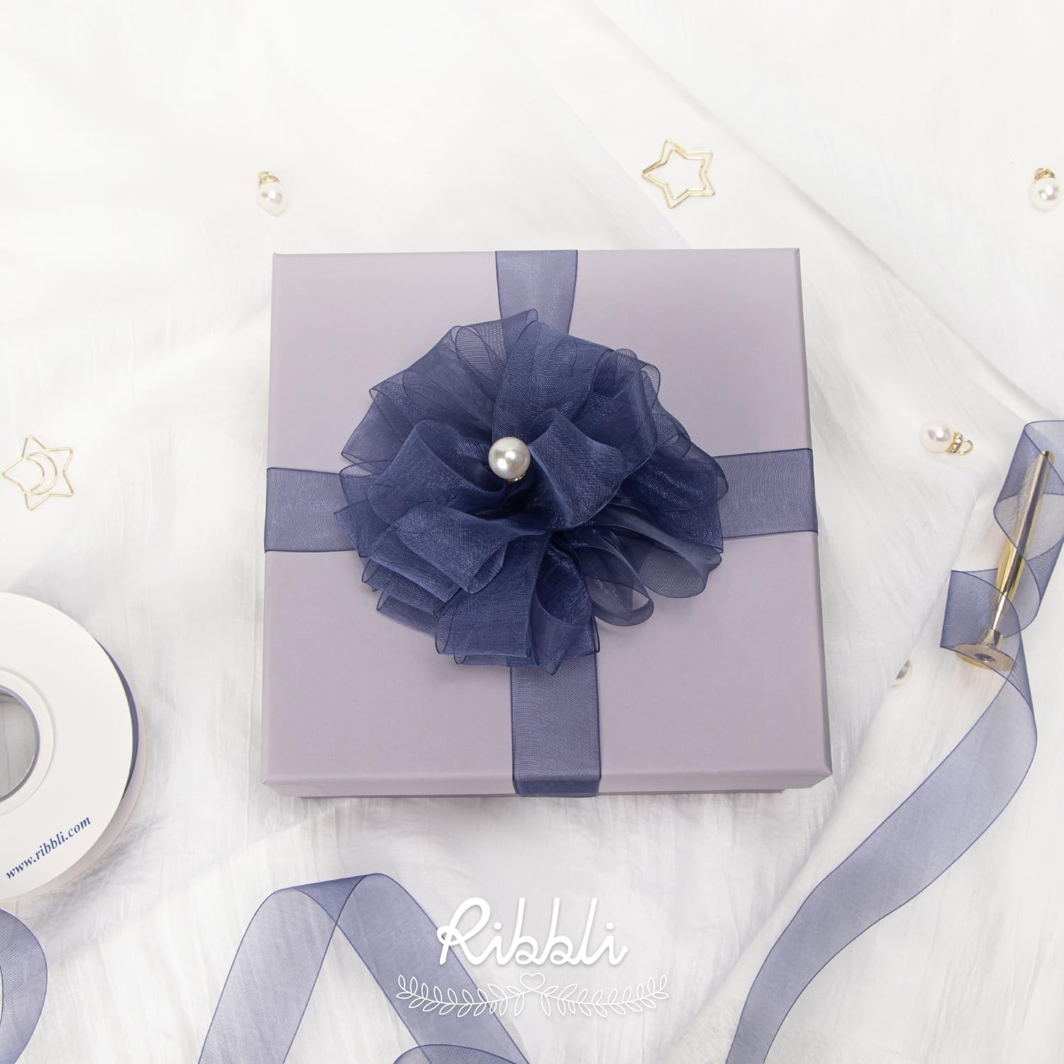 Ribbli Champagne Organza Ribbon,1/2 Inches x Continuous 50 Yard, Champagne Sheer Ribbon for Gift Wrapping,Cookie Wrapping,Wedding Decoration,All Crafting and Sewing(Navy)