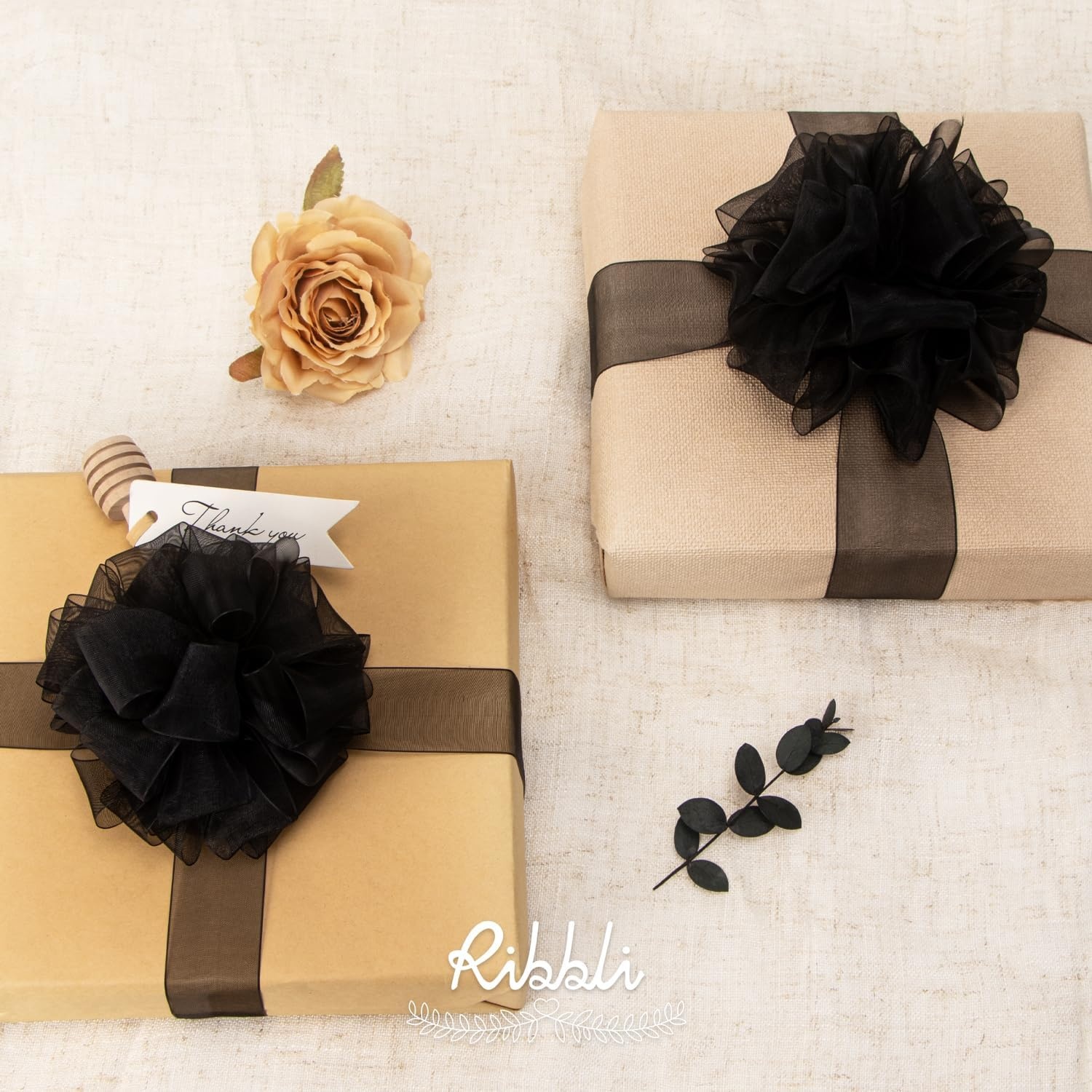 Ribbli Champagne Organza Ribbon,1/2 Inches x Continuous 50 Yard, Champagne Sheer Ribbon for Gift Wrapping,Cookie Wrapping,Wedding Decoration,All Crafting and Sewing(Black)