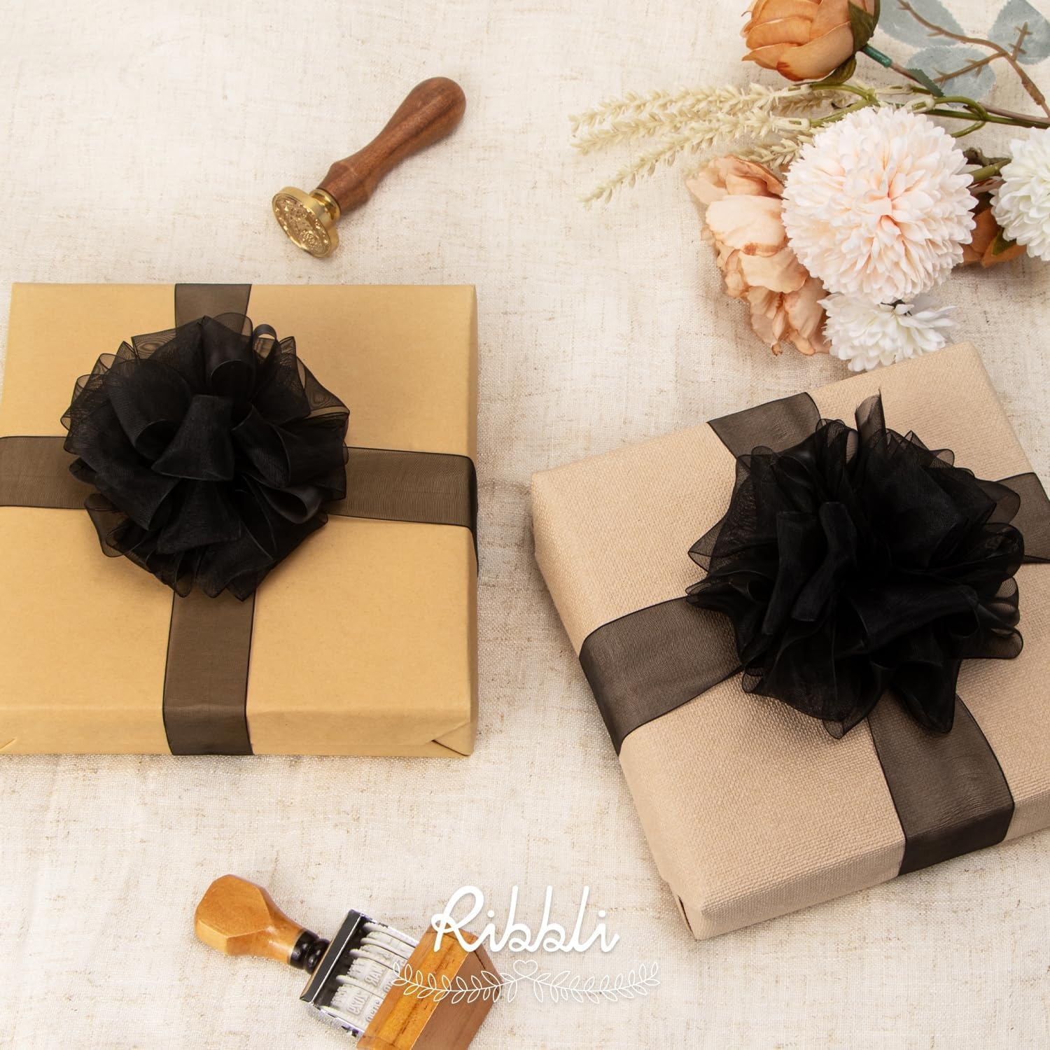 Ribbli Champagne Organza Ribbon,1/2 Inches x Continuous 50 Yard, Champagne Sheer Ribbon for Gift Wrapping,Cookie Wrapping,Wedding Decoration,All Crafting and Sewing(Black)
