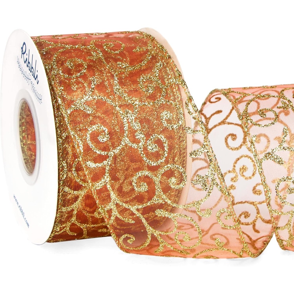 Ribbli Swirl Glitter Wired Organza Sheer Ribbon, Rose Gold with Metallic Edge, 2-1/2 Inch x 20 Yards Christmas Tree Decoration Ribbon