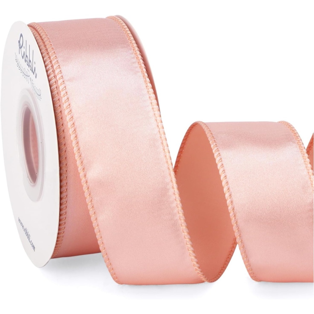 Ribbli Black Satin Wired Ribbon 2.5 Inch Black Christmas Ribbon for Gift Wrapping Wreaths Garland Tree Decoration Crafts Home Decor-Continous 20 Yards(Champagne Pink)