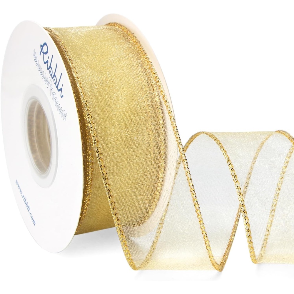 Ribbli Pink Organza Wired Ribbon, Pink Sheer with Metallic Edge,2-1/2 Inch x 20 Yards Christmas Tree Ribbon for Decoration Gift Wrapping Wedding Crafts(Champagne Gold)