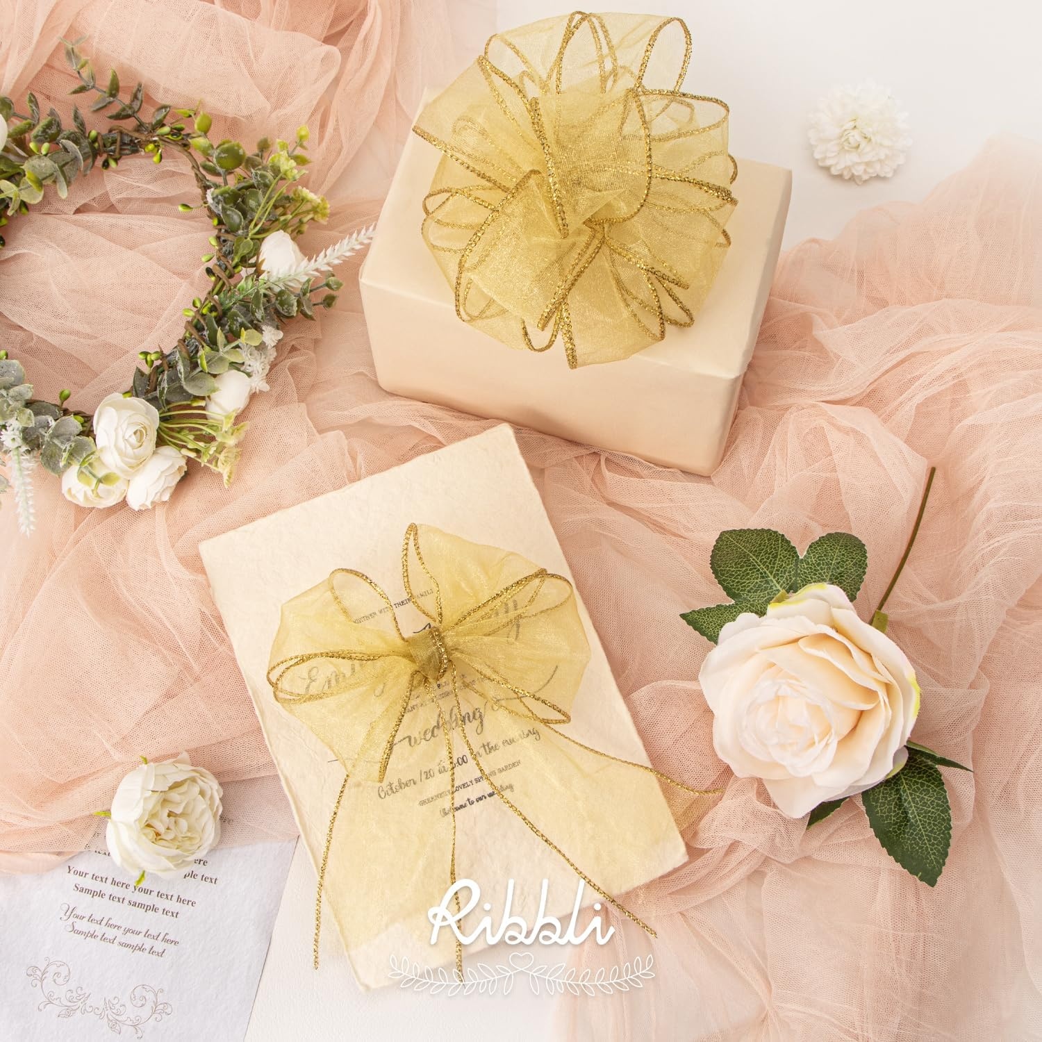 Ribbli Pink Organza Wired Ribbon, Pink Sheer with Metallic Edge,2-1/2 Inch x 20 Yards Christmas Tree Ribbon for Decoration Gift Wrapping Wedding Crafts(Champagne Gold)