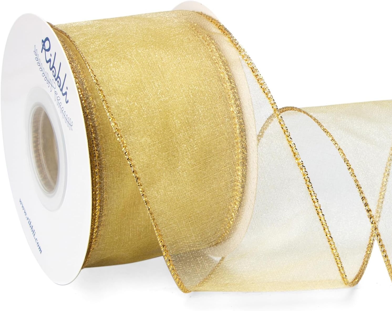 Ribbli Pink Organza Wired Ribbon, Pink Sheer with Metallic Edge,2-1/2 Inch x 20 Yards Christmas Tree Ribbon for Decoration Gift Wrapping Wedding Crafts(Champagne Gold)