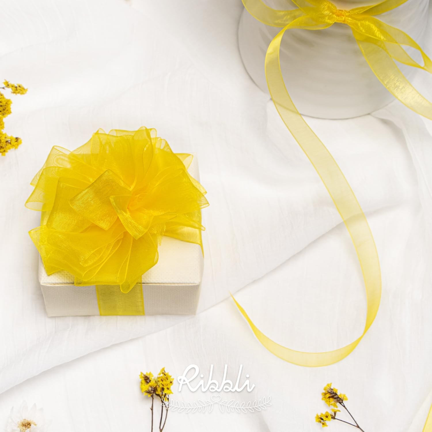 Ribbli Champagne Organza Ribbon,1/2 Inches x Continuous 50 Yard, Champagne Sheer Ribbon for Gift Wrapping,Cookie Wrapping,Wedding Decoration,All Crafting and Sewing(Daffodil Yellow)