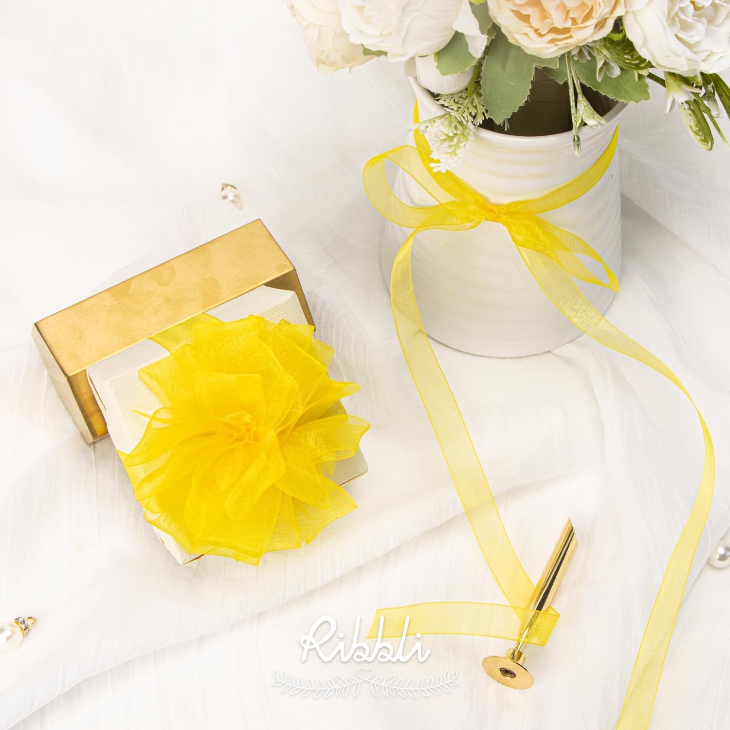 Ribbli Champagne Organza Ribbon,1/2 Inches x Continuous 50 Yard, Champagne Sheer Ribbon for Gift Wrapping,Cookie Wrapping,Wedding Decoration,All Crafting and Sewing(Daffodil Yellow)