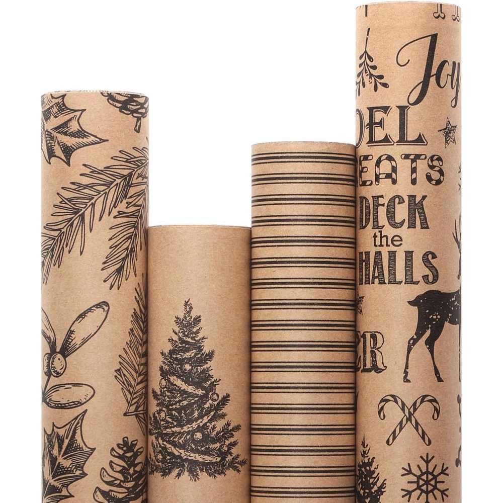 Ribbli Christmas Wrapping Paper, 4 Rolls Vintage Kraft Wrapping paper, 17 Inch x 10 Feet Per Roll, Snowflakes Christmas Tree Gift Box Printed Assortment(Brown/Black)