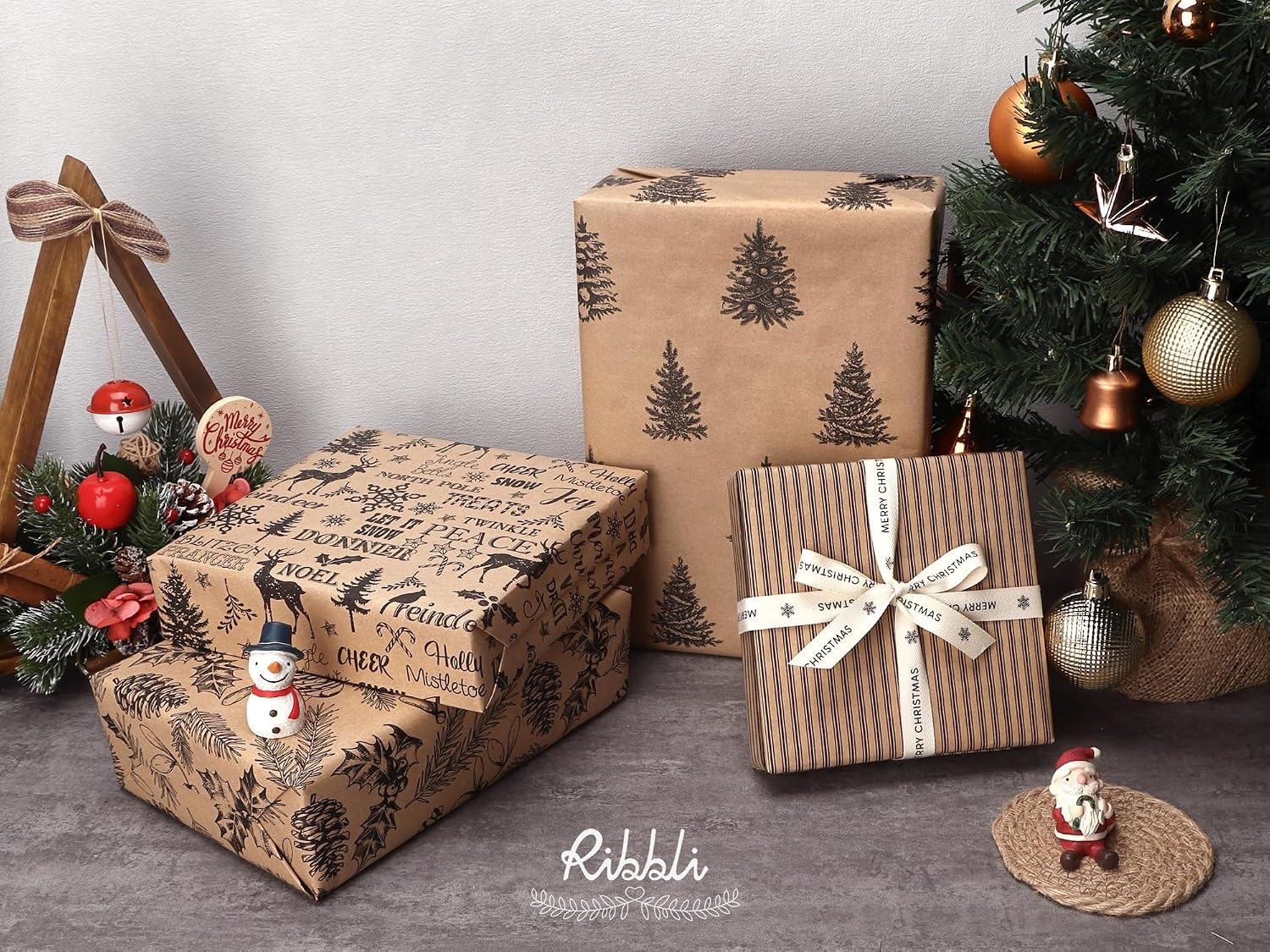 Ribbli Christmas Wrapping Paper, 4 Rolls Vintage Kraft Wrapping paper, 17 Inch x 10 Feet Per Roll, Snowflakes Christmas Tree Gift Box Printed Assortment(Brown/Black)
