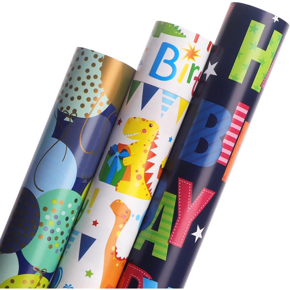 Ribbli Birthday Wrapping Paper 3 Rolls Colorful Balloon Stripe and Iridescent Happy Birthday Wrapping Paper for Kids- Mini Roll 17 inch x 120 inch(10feet) Per Roll(Blue/White)