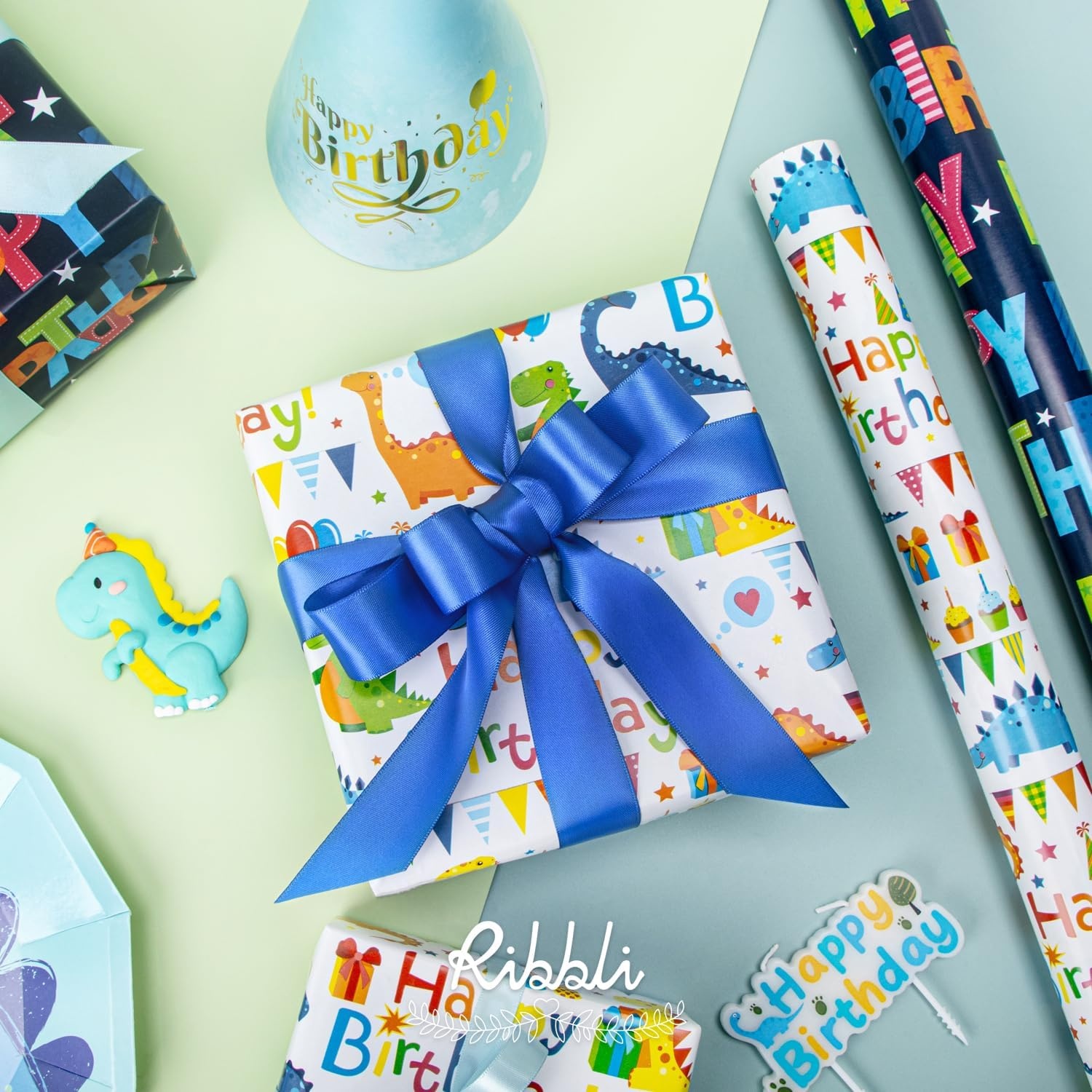 Ribbli Birthday Wrapping Paper 3 Rolls Colorful Balloon Stripe and Iridescent Happy Birthday Wrapping Paper for Kids- Mini Roll 17 inch x 120 inch(10feet) Per Roll(Blue/White)