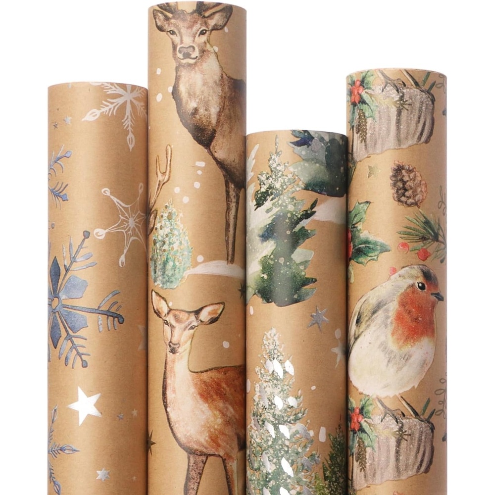 Ribbli 4 Rolls Christmas Wrapping Paper Vintage Kraft Wrapping Paper, 30 x 120 inch(10ft) Per Roll, 100 Sq Ft Total, Brown Kraft Paper with Winter Elements Pattern Snowflake/Tree/Reindeer/Bird(Snowflake/Tree/Reindeer/Bird)