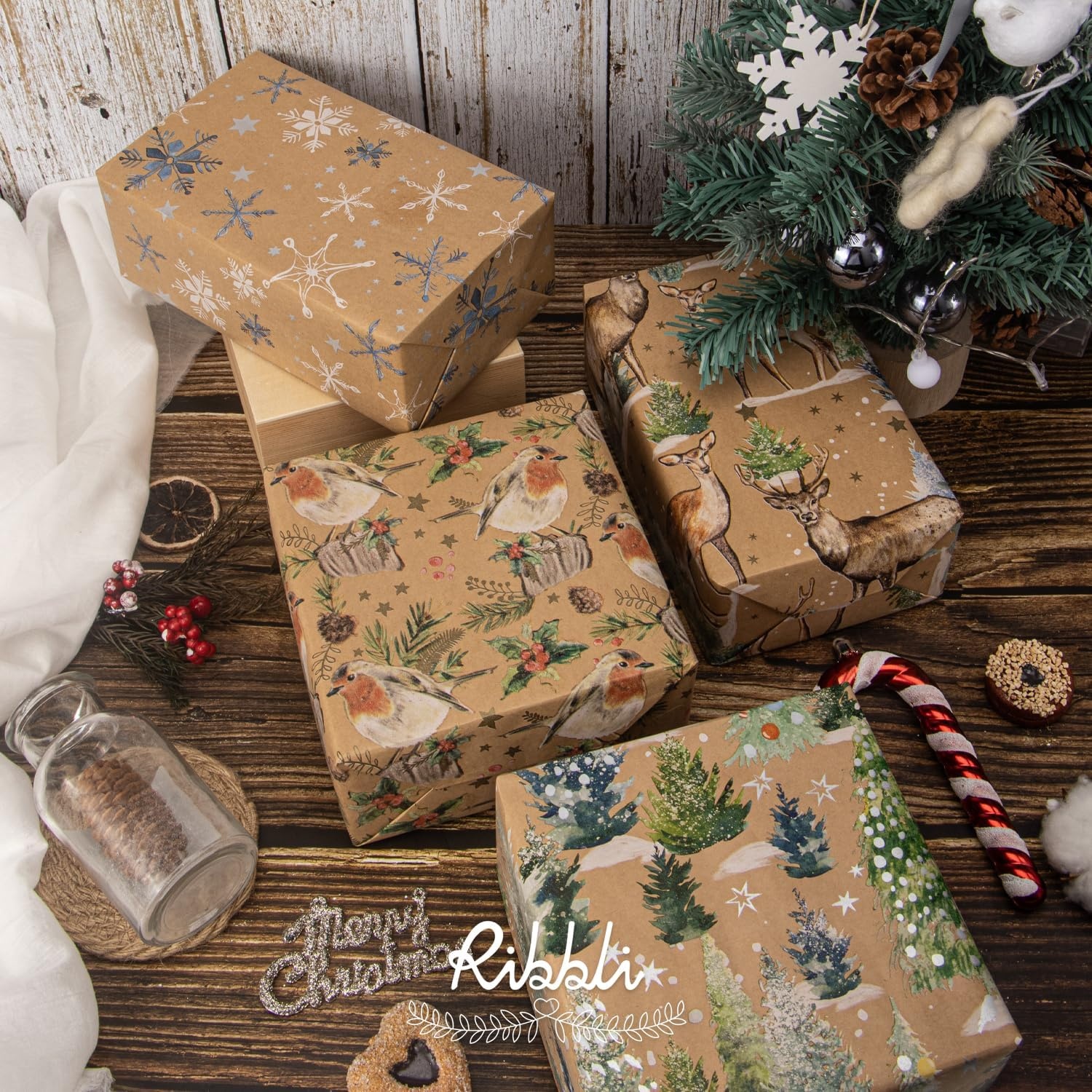 Ribbli 4 Rolls Christmas Wrapping Paper Vintage Kraft Wrapping Paper, 30 x 120 inch(10ft) Per Roll, 100 Sq Ft Total, Brown Kraft Paper with Winter Elements Pattern Snowflake/Tree/Reindeer/Bird(Snowflake/Tree/Reindeer/Bird)