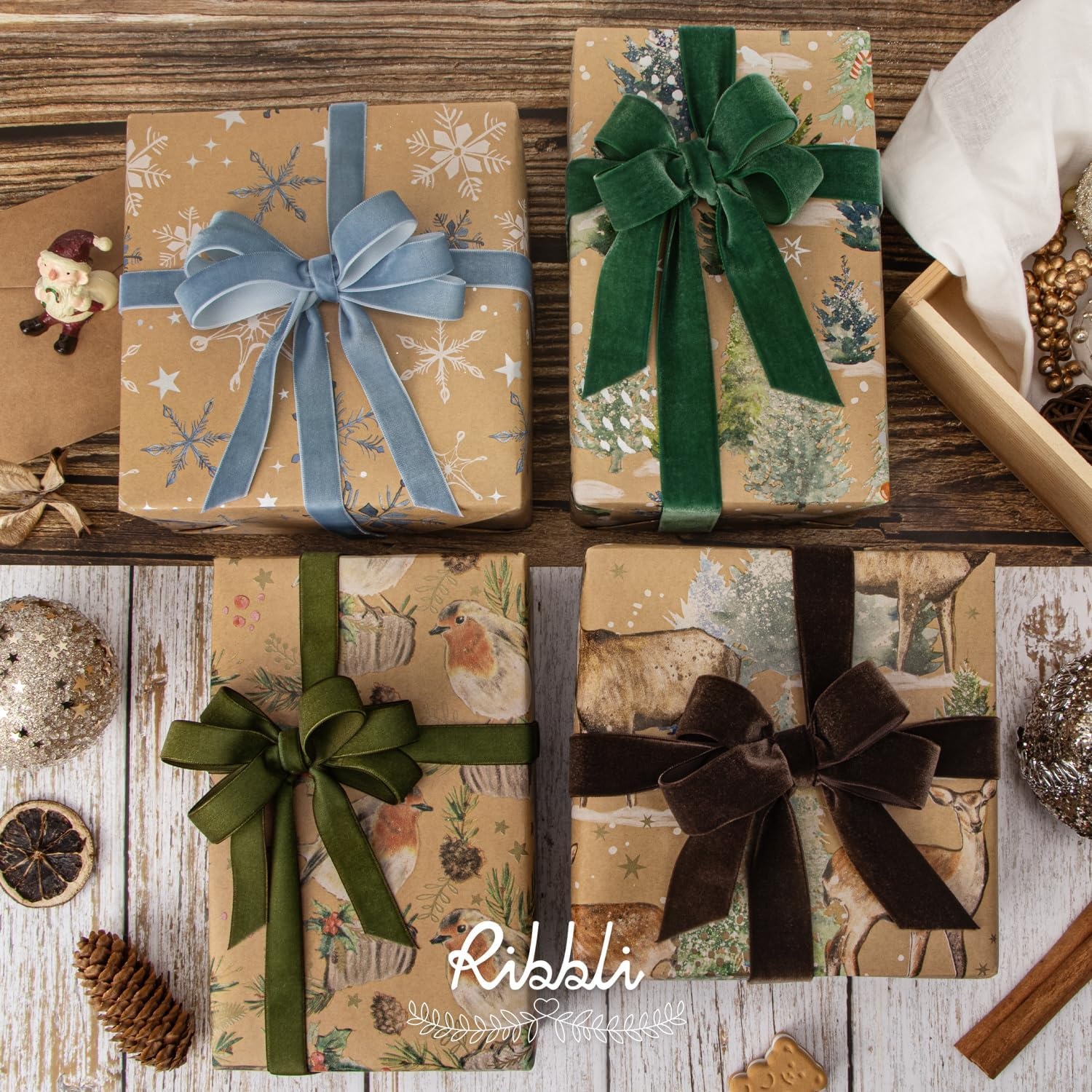 Ribbli 4 Rolls Christmas Wrapping Paper Vintage Kraft Wrapping Paper, 30 x 120 inch(10ft) Per Roll, 100 Sq Ft Total, Brown Kraft Paper with Winter Elements Pattern Snowflake/Tree/Reindeer/Bird(Snowflake/Tree/Reindeer/Bird)