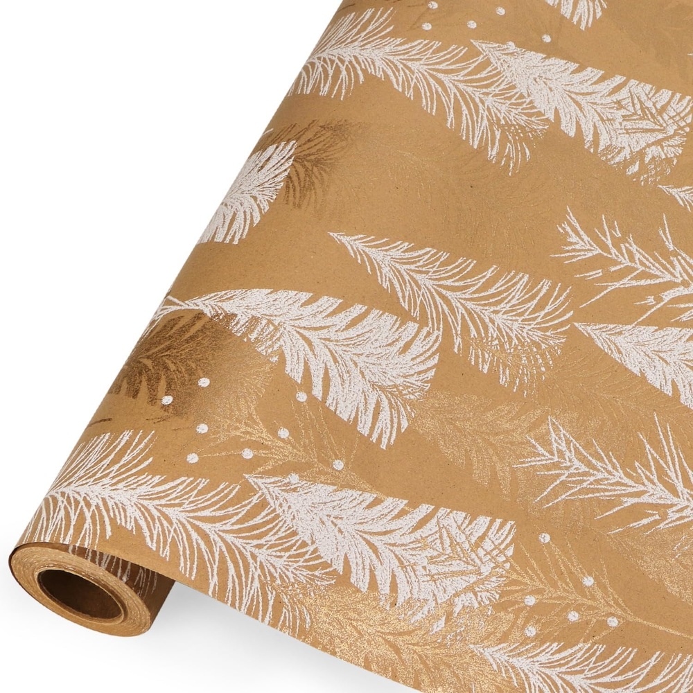 Ribbli Christmas Wrapping Paper Christmas Tree with Gold Foil Brown Kraft Gift Wrapping Paper Rolls-17 Inch x 33 Feet Per roll(Brown/Gold)