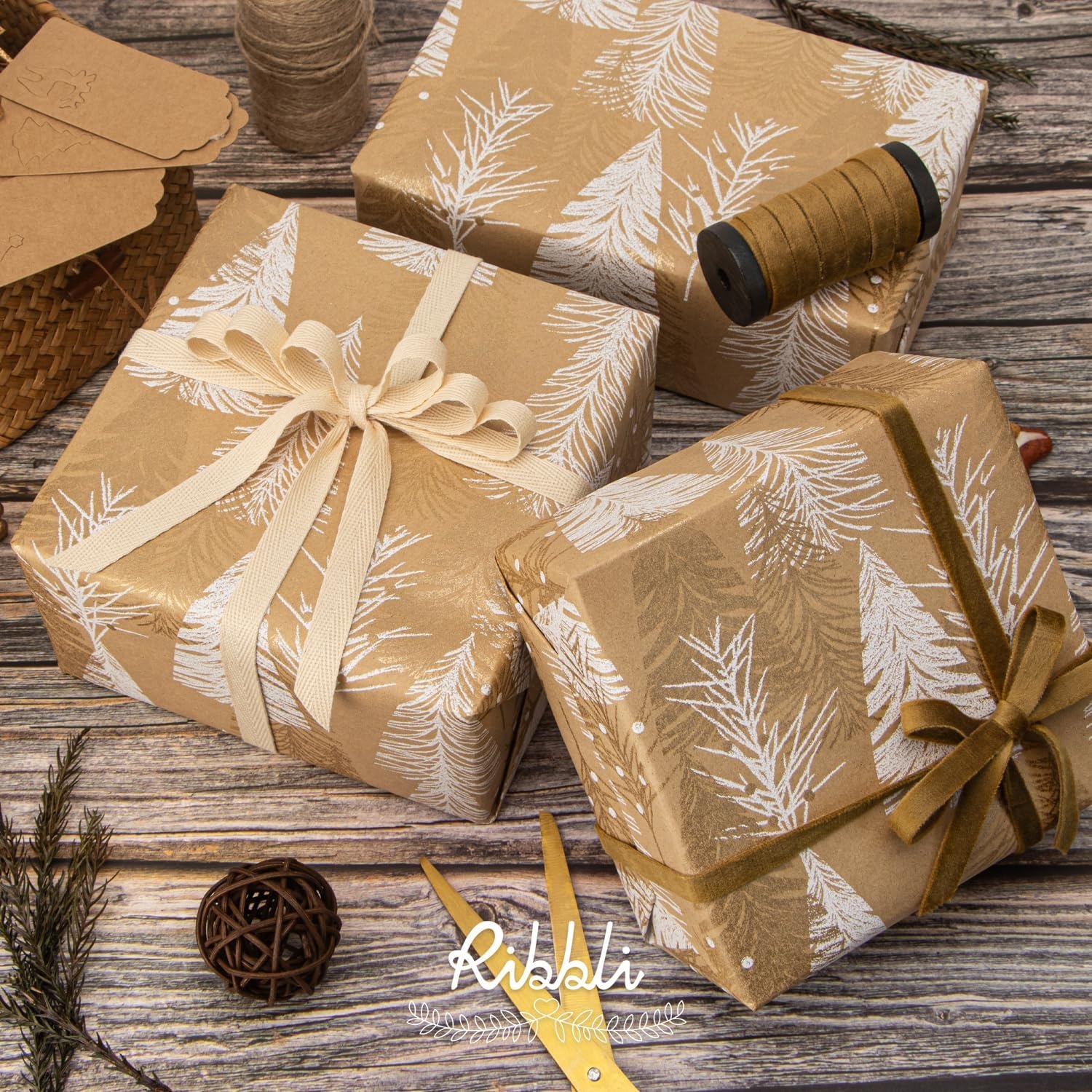 Ribbli Christmas Wrapping Paper Christmas Tree with Gold Foil Brown Kraft Gift Wrapping Paper Rolls-17 Inch x 33 Feet Per roll(Brown/Gold)