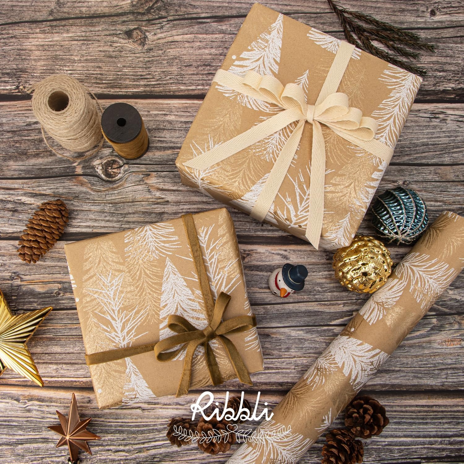 Ribbli Christmas Wrapping Paper Christmas Tree with Gold Foil Brown Kraft Gift Wrapping Paper Rolls-17 Inch x 33 Feet Per roll(Brown/Gold)