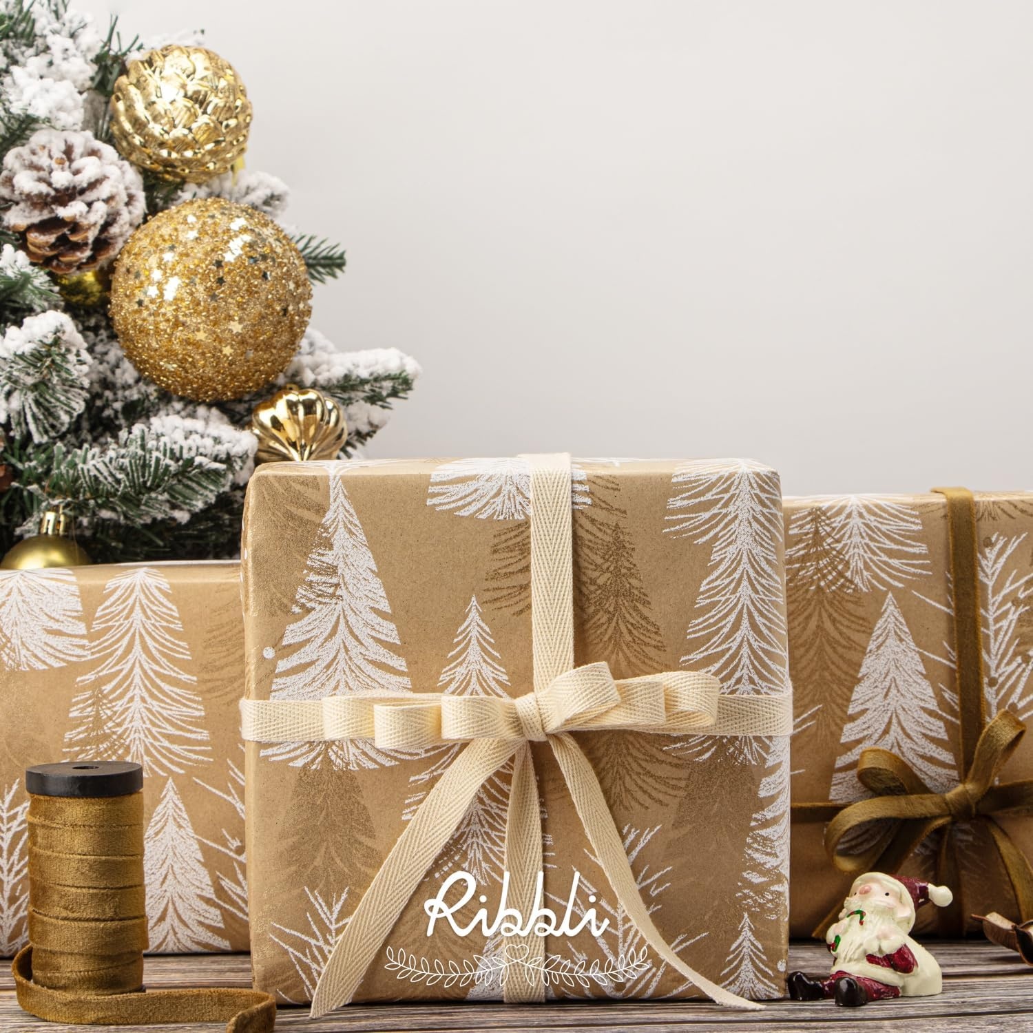 Ribbli Christmas Wrapping Paper Christmas Tree with Gold Foil Brown Kraft Gift Wrapping Paper Rolls-17 Inch x 33 Feet Per roll(Brown/Gold)