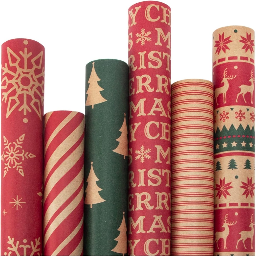 Ribbli Christmas Wrapping Paper – Kraft Paper with Snowflake/Tree/Red Stripe/Merry Christmas Pattern, 6 Rolls Red and Green Holiday Assortment – 30 inch x 10 feet Per Roll(Brown/Red/Green)