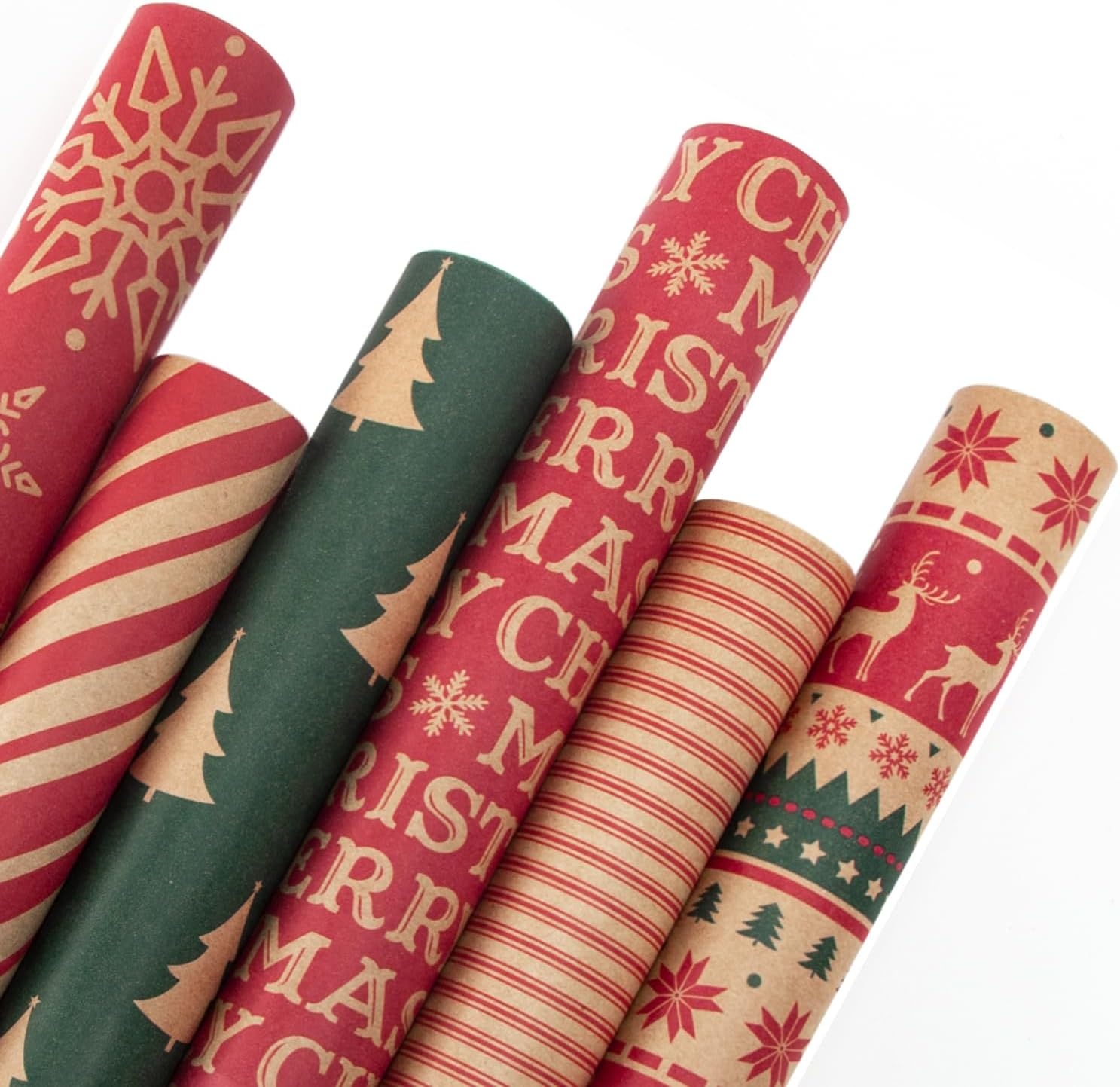 Ribbli Christmas Wrapping Paper – Kraft Paper with Snowflake/Tree/Red Stripe/Merry Christmas Pattern, 6 Rolls Red and Green Holiday Assortment – 30 inch x 10 feet Per Roll(Brown/Red/Green)