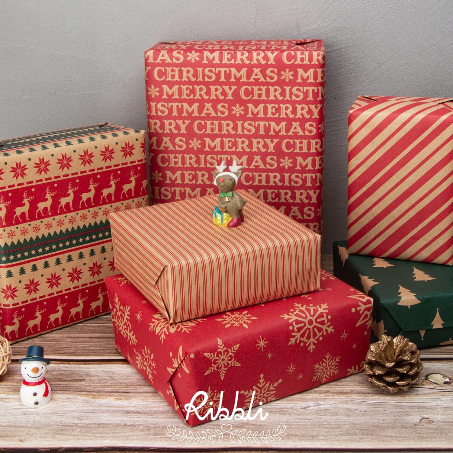 Ribbli Christmas Wrapping Paper – Kraft Paper with Snowflake/Tree/Red Stripe/Merry Christmas Pattern, 6 Rolls Red and Green Holiday Assortment – 30 inch x 10 feet Per Roll(Brown/Red/Green)