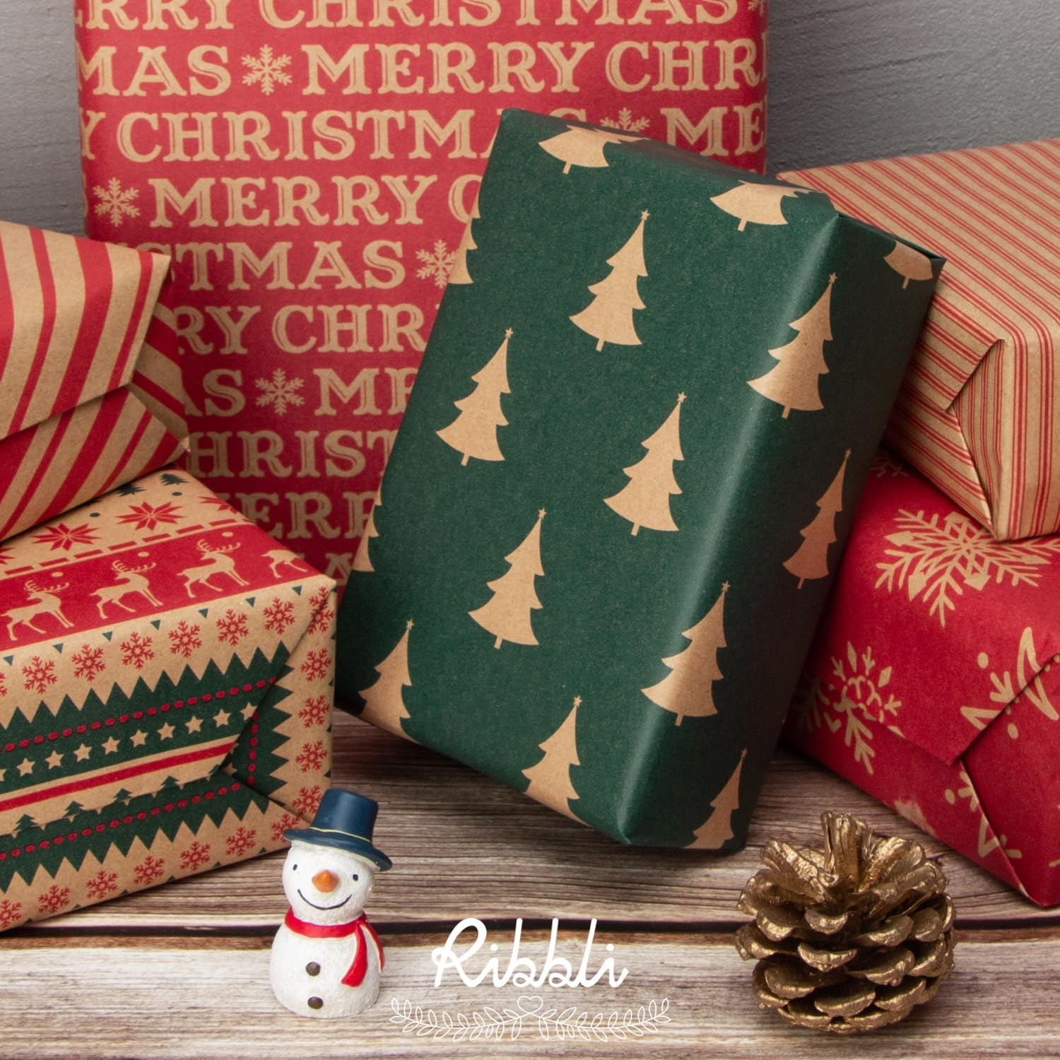 Ribbli Christmas Wrapping Paper – Kraft Paper with Snowflake/Tree/Red Stripe/Merry Christmas Pattern, 6 Rolls Red and Green Holiday Assortment – 30 inch x 10 feet Per Roll(Brown/Red/Green)