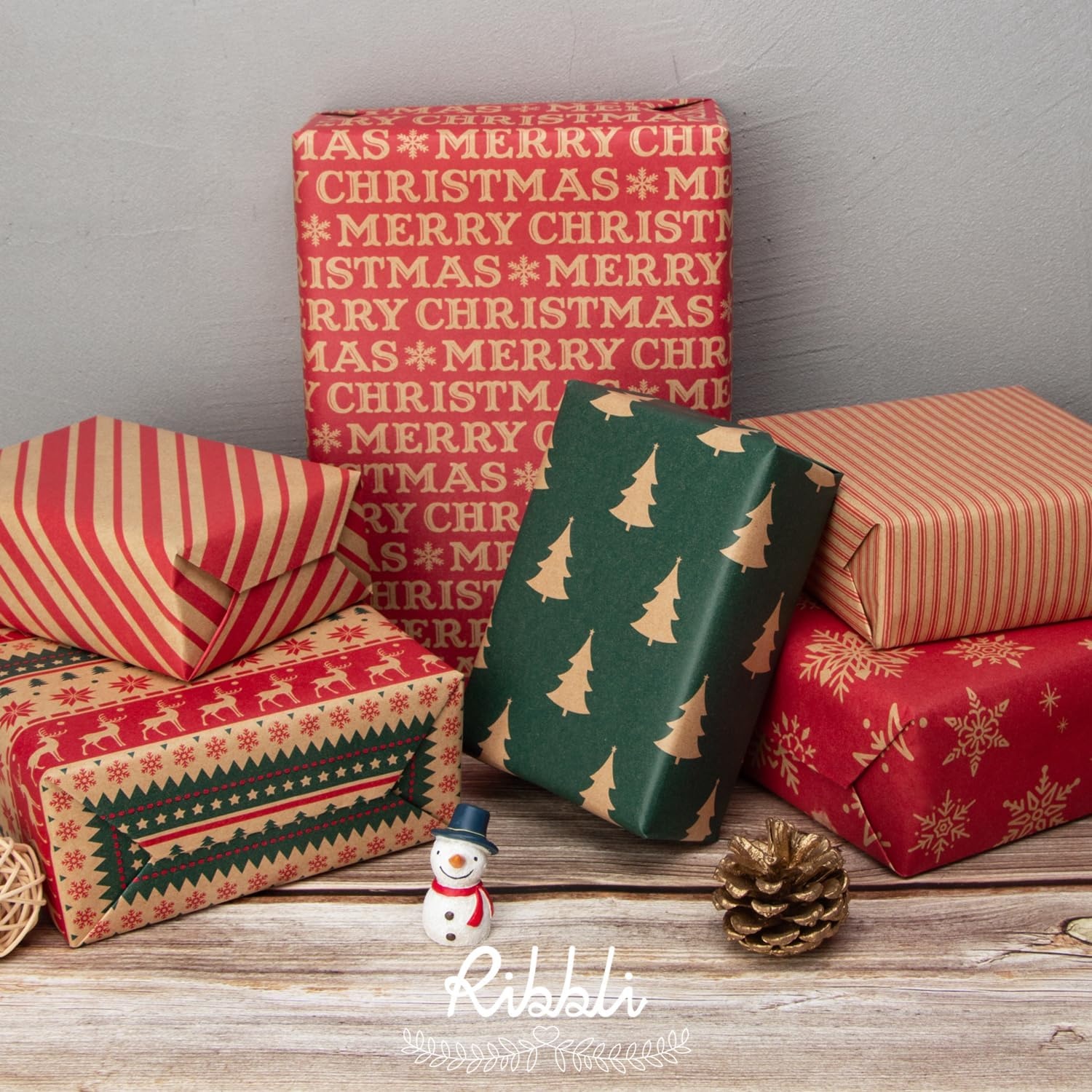 Ribbli Christmas Wrapping Paper – Kraft Paper with Snowflake/Tree/Red Stripe/Merry Christmas Pattern, 6 Rolls Red and Green Holiday Assortment – 30 inch x 10 feet Per Roll(Brown/Red/Green)