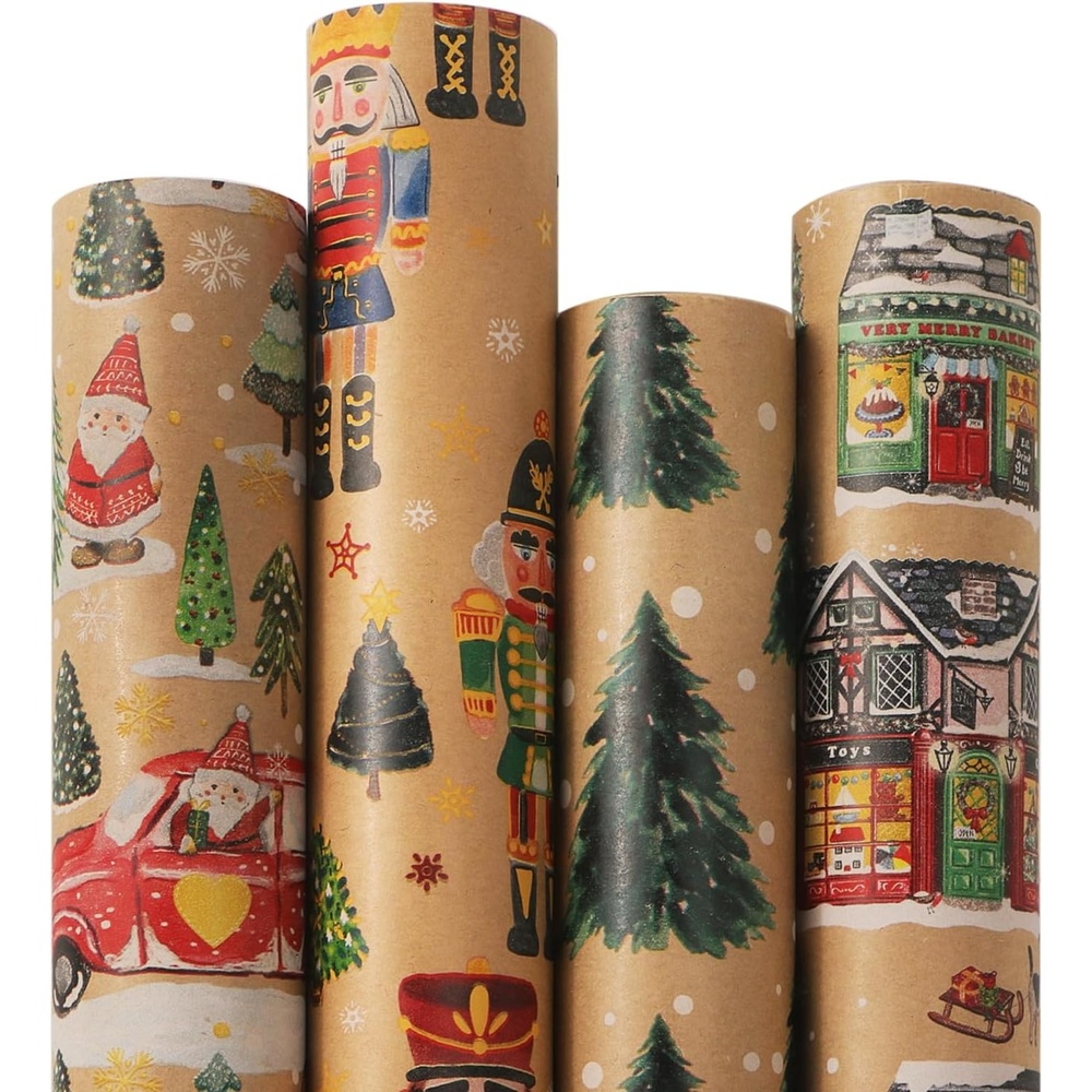 Ribbli 4 Rolls Christmas Wrapping Paper Vintage Kraft Wrapping Paper, 30 x 120 inch(10ft) Per Roll, 100 Sq Ft Total, Brown Kraft Paper with Winter Elements Pattern Snowflake/Tree/Reindeer/Bird(Santa/Nutcracker/Tree/Street Scenes)