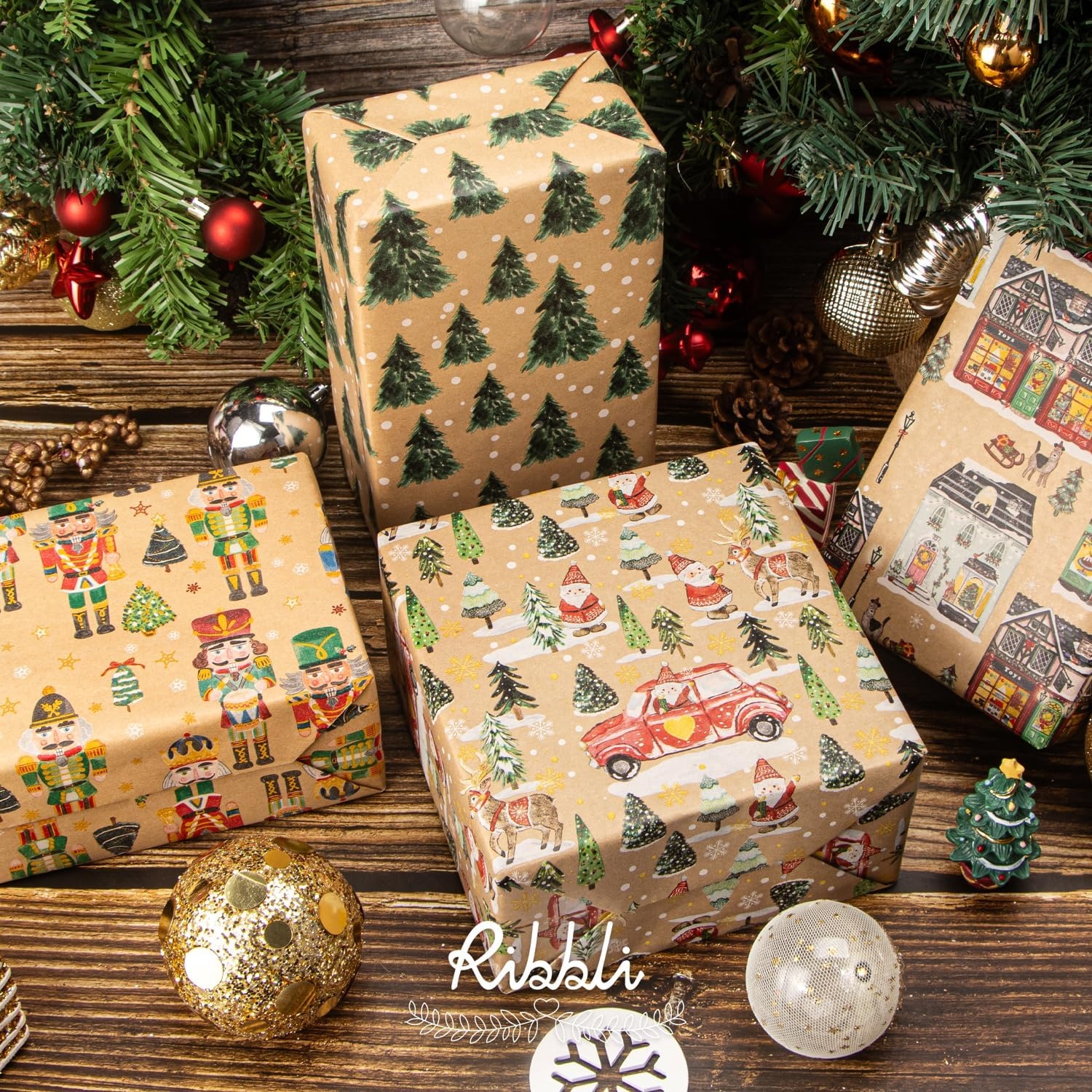 Ribbli 4 Rolls Christmas Wrapping Paper Vintage Kraft Wrapping Paper, 30 x 120 inch(10ft) Per Roll, 100 Sq Ft Total, Brown Kraft Paper with Winter Elements Pattern Snowflake/Tree/Reindeer/Bird(Santa/Nutcracker/Tree/Street Scenes)