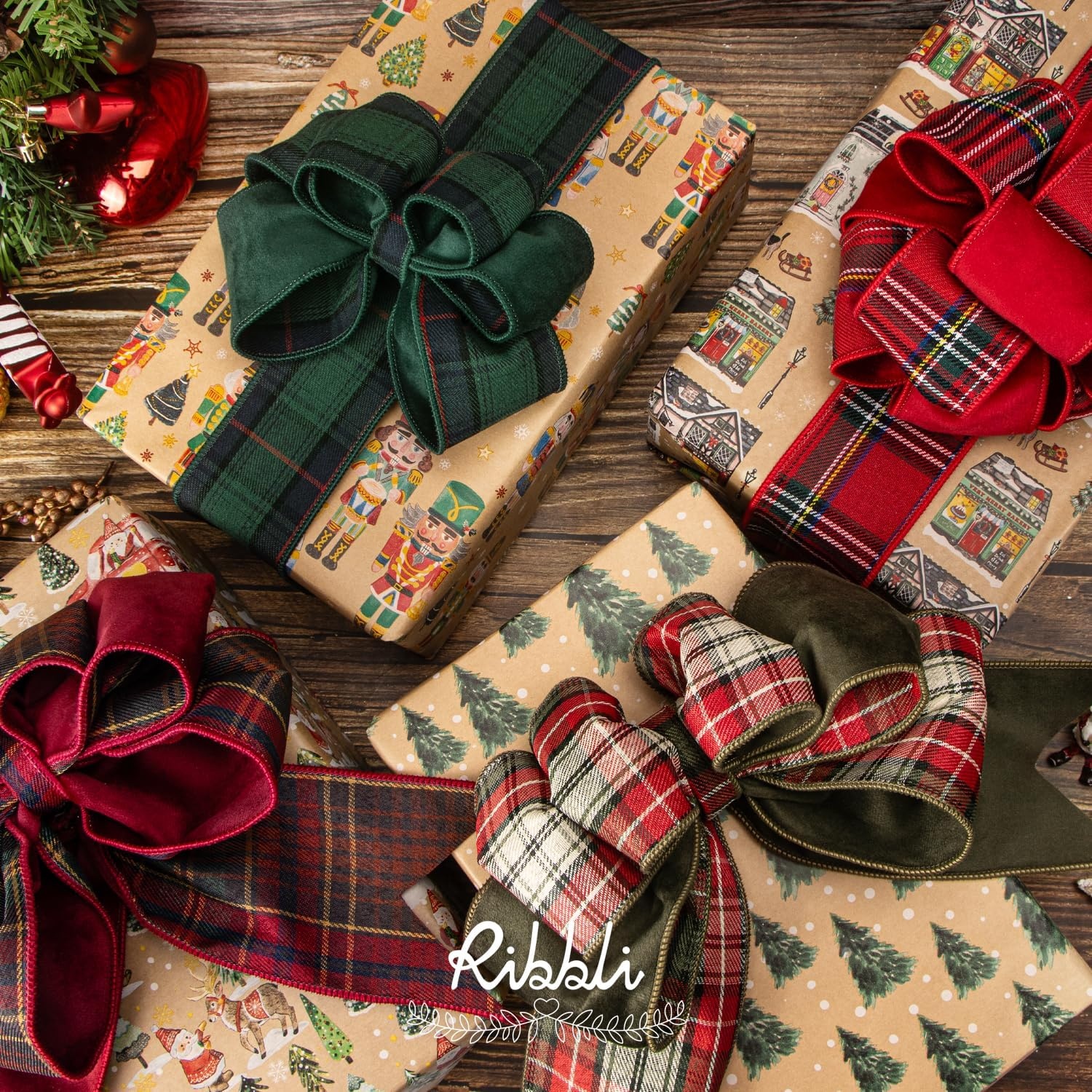Ribbli 4 Rolls Christmas Wrapping Paper Vintage Kraft Wrapping Paper, 30 x 120 inch(10ft) Per Roll, 100 Sq Ft Total, Brown Kraft Paper with Winter Elements Pattern Snowflake/Tree/Reindeer/Bird(Santa/Nutcracker/Tree/Street Scenes)