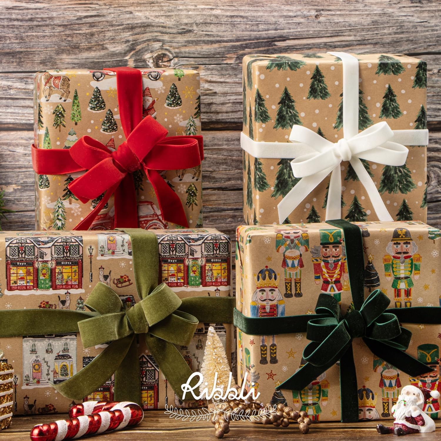 Ribbli 4 Rolls Christmas Wrapping Paper Vintage Kraft Wrapping Paper, 30 x 120 inch(10ft) Per Roll, 100 Sq Ft Total, Brown Kraft Paper with Winter Elements Pattern Snowflake/Tree/Reindeer/Bird(Santa/Nutcracker/Tree/Street Scenes)