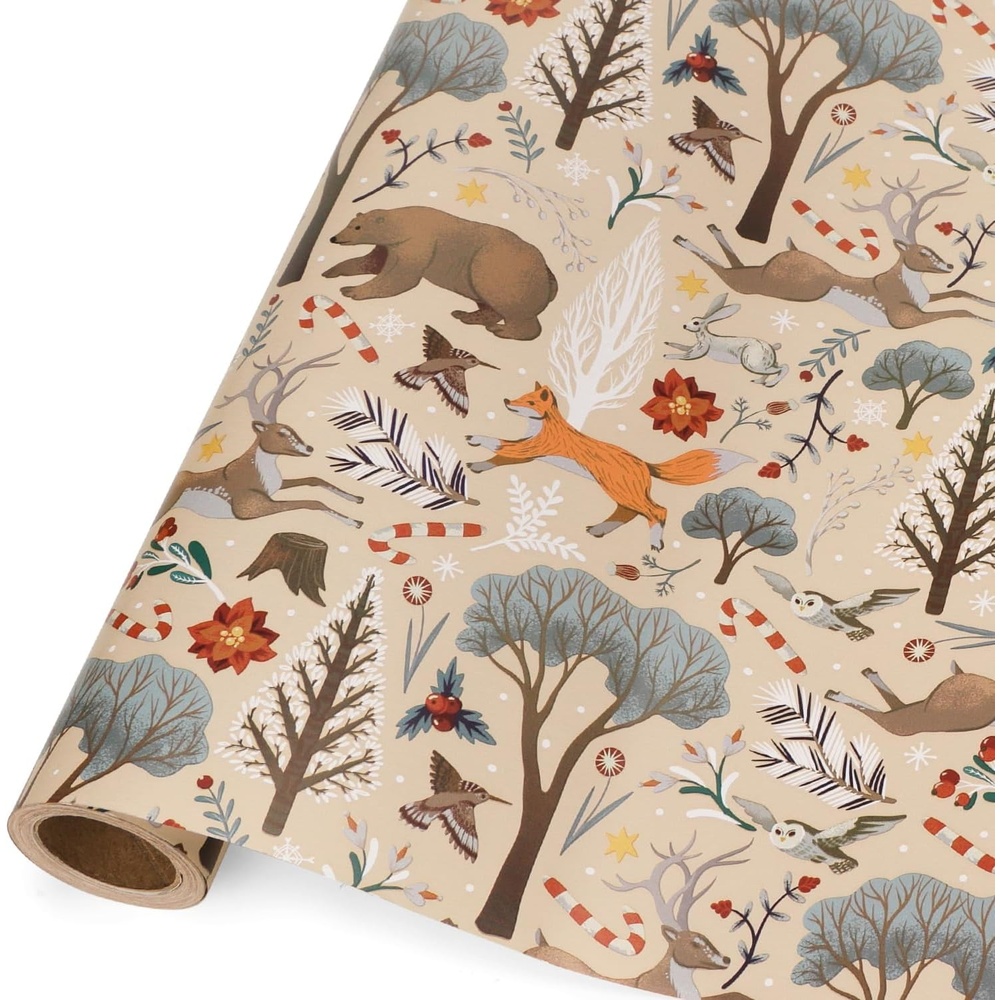 Ribbli Christmas Wrapping Paper Rolls,Mini Roll-17 Inch x 33 Feet-Christmas Woods(Camel/Dusty Blue)