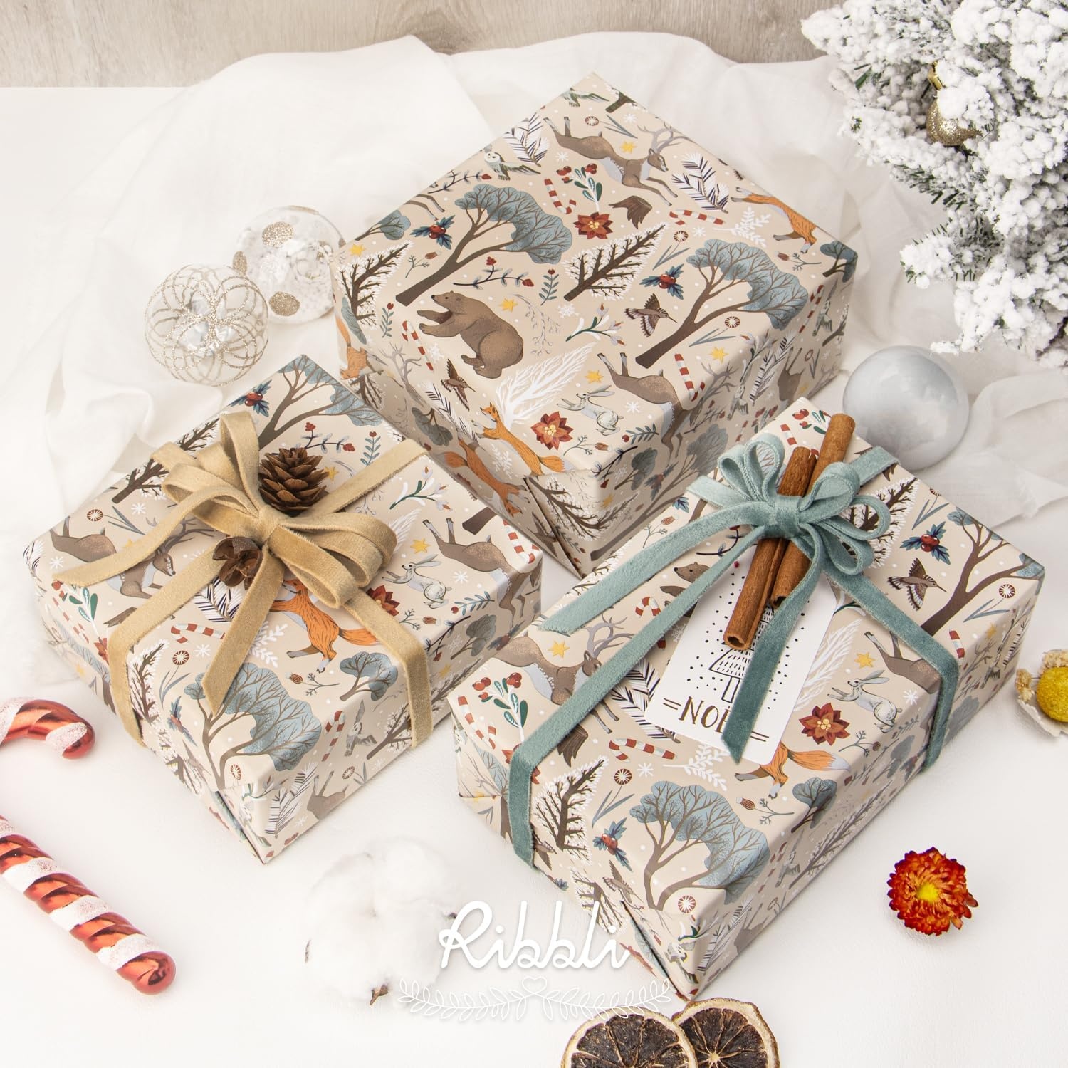 Ribbli Christmas Wrapping Paper Rolls,Mini Roll-17 Inch x 33 Feet-Christmas Woods(Camel/Dusty Blue)