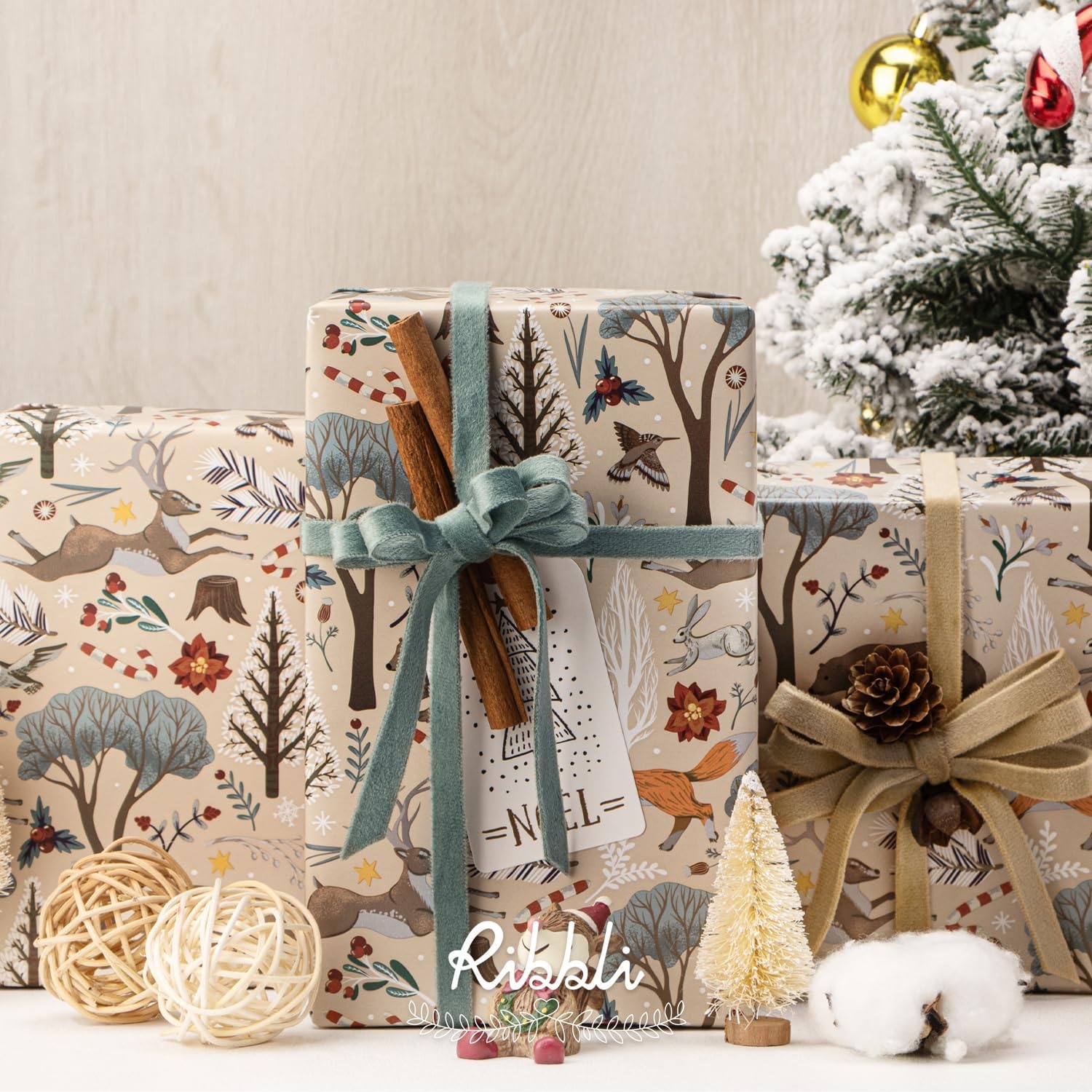 Ribbli Christmas Wrapping Paper Rolls,Mini Roll-17 Inch x 33 Feet-Christmas Woods(Camel/Dusty Blue)