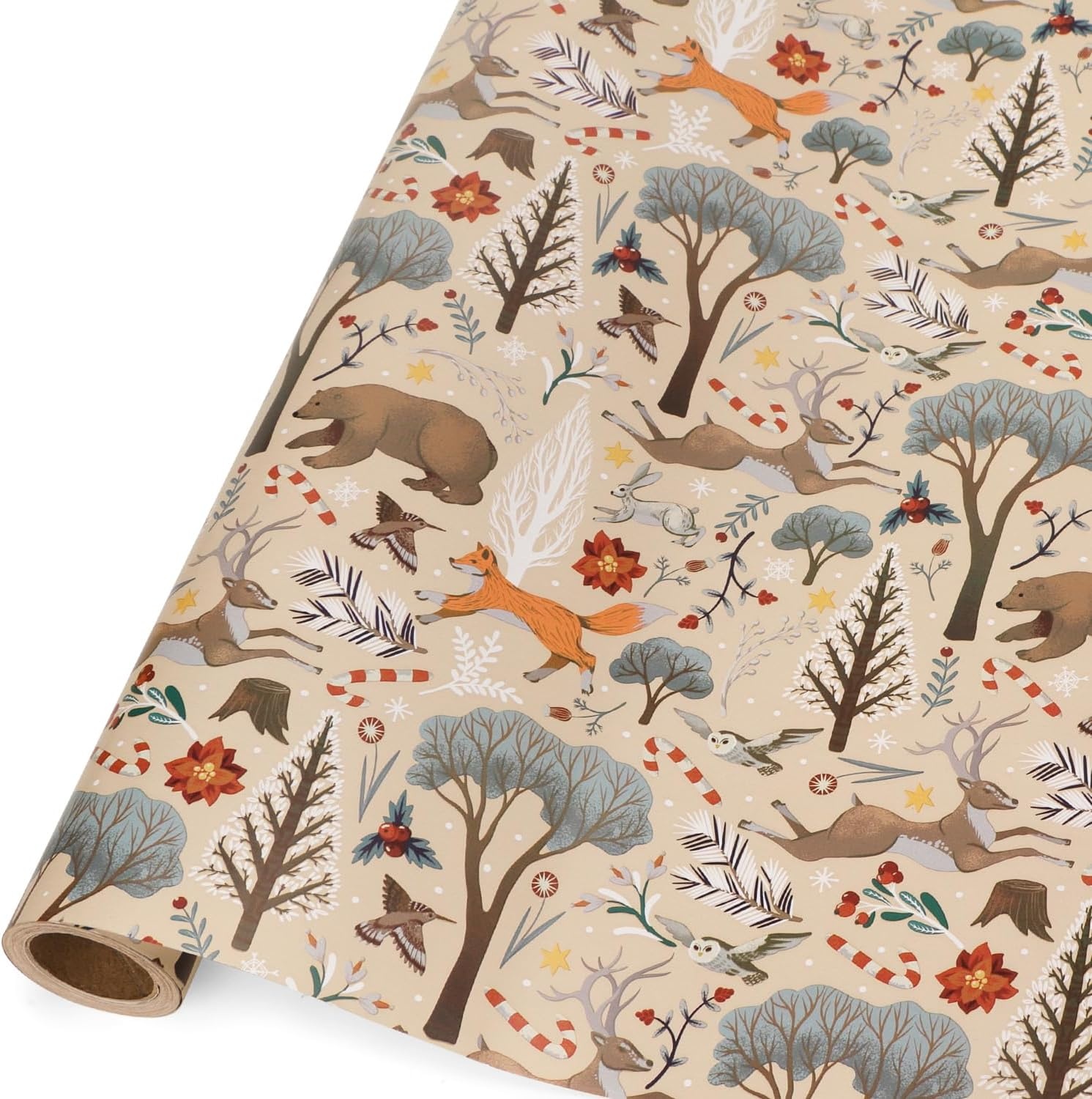 Ribbli Christmas Wrapping Paper Rolls,Mini Roll-17 Inch x 33 Feet-Christmas Woods(Camel/Dusty Blue)