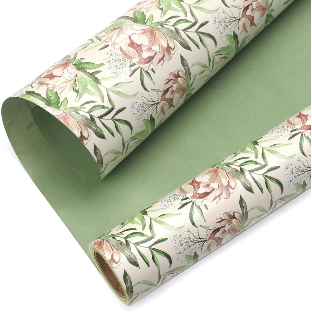 Ribbli Blue Floral Wrapping Paper Reversible Mini Roll, Gift Wrap for Wedding Bridal shower Birthday Mothers Day Women Girls Anniversary, 17 Inch x 33 Feet – Dusty Blue(Sage Green)
