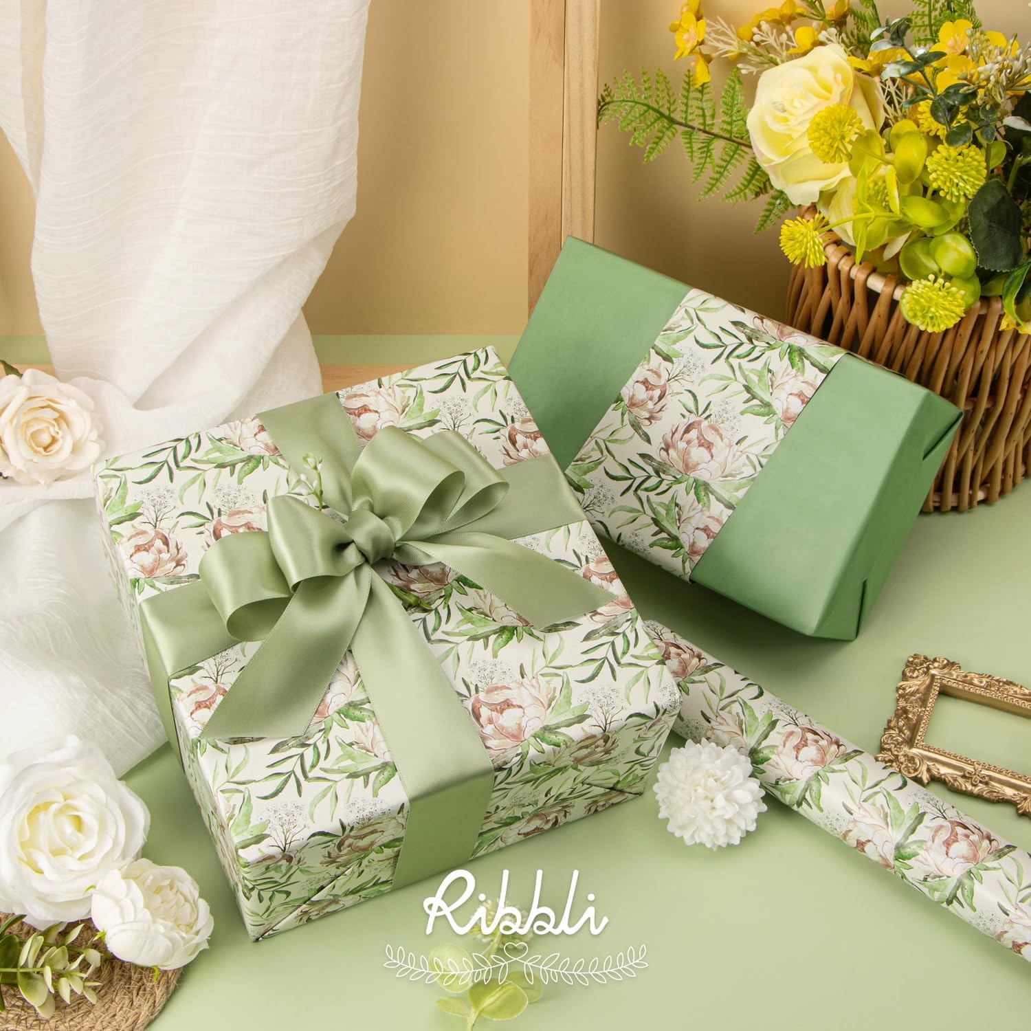 Ribbli Blue Floral Wrapping Paper Reversible Mini Roll, Gift Wrap for Wedding Bridal shower Birthday Mothers Day Women Girls Anniversary, 17 Inch x 33 Feet – Dusty Blue(Sage Green)