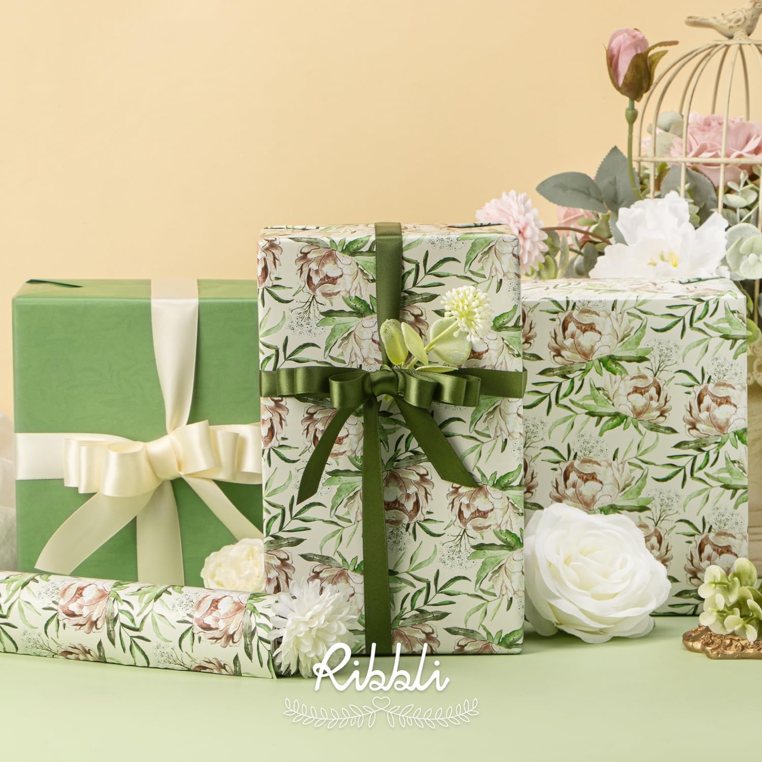 Ribbli Blue Floral Wrapping Paper Reversible Mini Roll, Gift Wrap for Wedding Bridal shower Birthday Mothers Day Women Girls Anniversary, 17 Inch x 33 Feet – Dusty Blue(Sage Green)