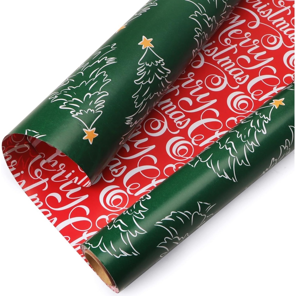 Ribbli Pink Christmas Wrapping Paper Mini Roll Gingerbread Man and Candy Cane Gift Wrapping Paper for Girls Kids, Mini Roll-17 Inch x 33 Feet(Green Tree/Red Letters)