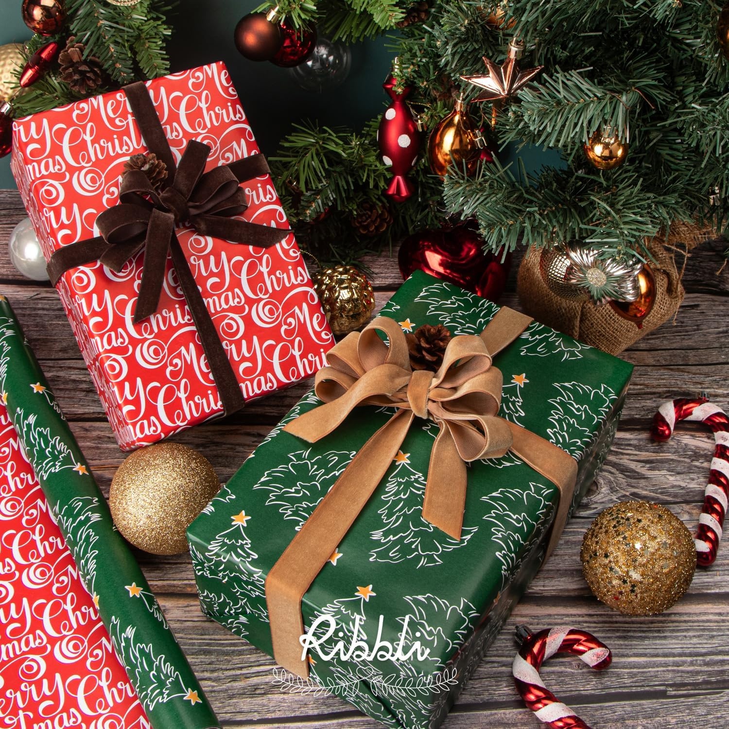 Ribbli Pink Christmas Wrapping Paper Mini Roll Gingerbread Man and Candy Cane Gift Wrapping Paper for Girls Kids, Mini Roll-17 Inch x 33 Feet(Green Tree/Red Letters)