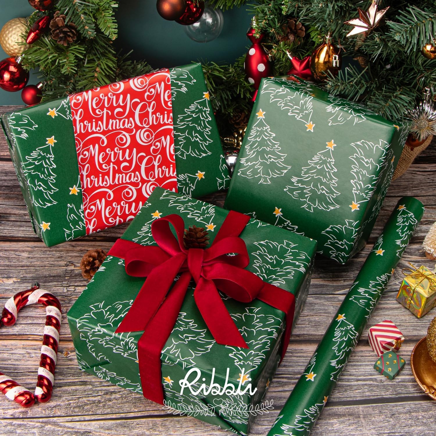 Ribbli Pink Christmas Wrapping Paper Mini Roll Gingerbread Man and Candy Cane Gift Wrapping Paper for Girls Kids, Mini Roll-17 Inch x 33 Feet(Green Tree/Red Letters)