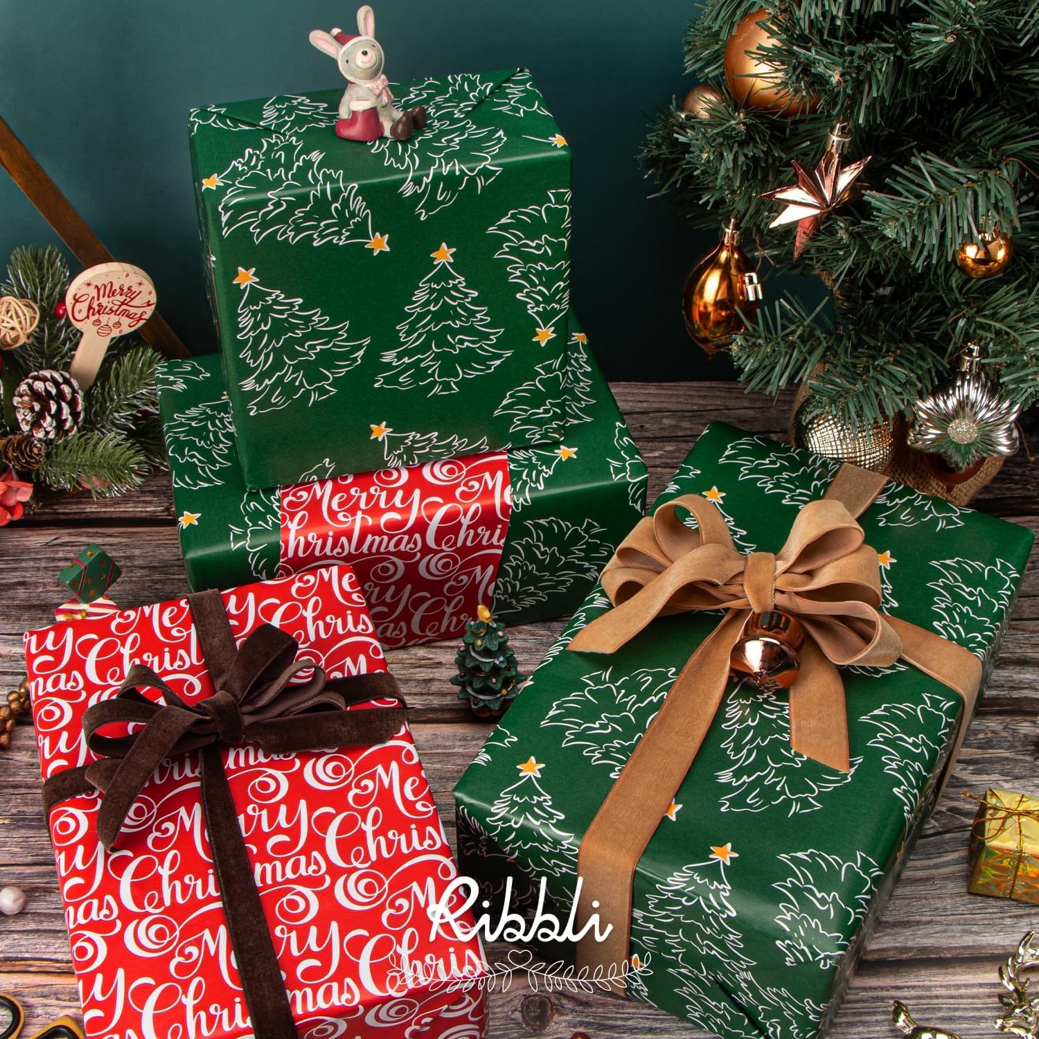 Ribbli Pink Christmas Wrapping Paper Mini Roll Gingerbread Man and Candy Cane Gift Wrapping Paper for Girls Kids, Mini Roll-17 Inch x 33 Feet(Green Tree/Red Letters)